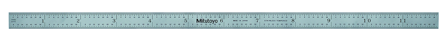 Mitutoyo, 182-223, 12 In, 5R Steel Rule, 1/2 In  Wide, Flexible, Satin Chrome Finish Tempered Stainless Steel, (1/32, 1/64, 1/10, 1/100)