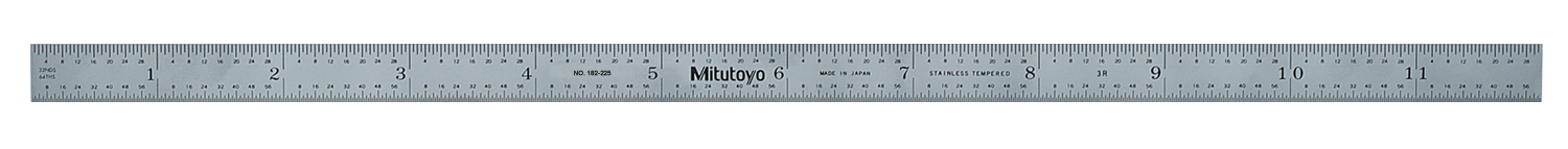 Mitutoyo, 182-225, 12 In, 300mm Steel Rule, 1/2 In  Wide, Flexible, Satin Chrome Finish Tempered Stainless Steel, (1/32, 1/64, 1mm, 0.5mm)