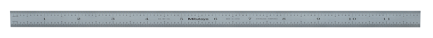 Mitutoyo, 182-226, 12 In, 300mm Steel Rule, 1/2 In  Wide, Flexible, Satin Chrome Finish Tempered Stainless Steel, (1/50, 1/100, 1mm, 0.5mm)