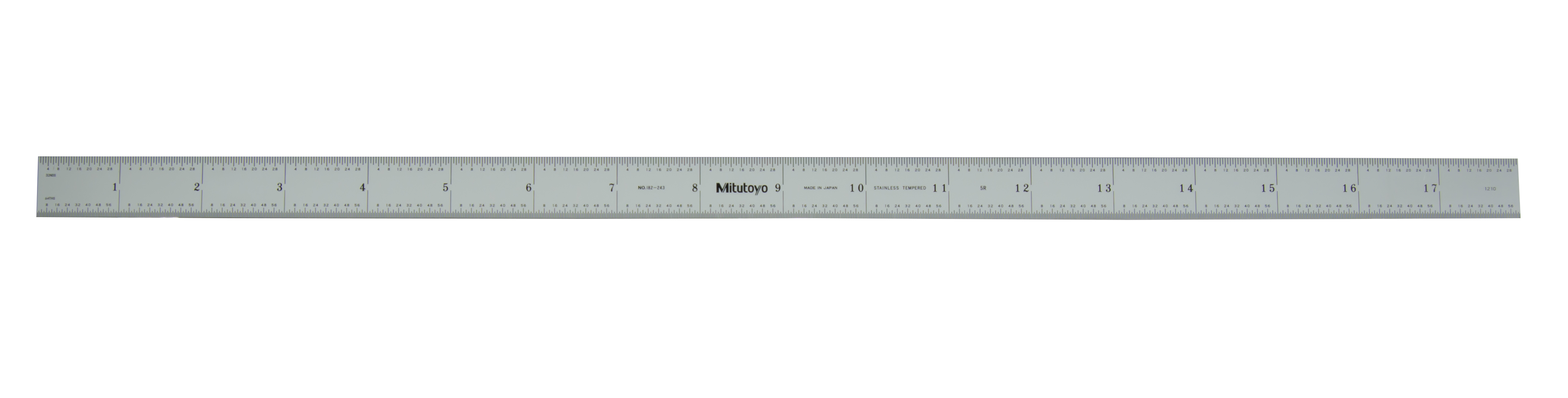 Mitutoyo, 182-243, 18 In, 3R Steel Rule, 3/4 In  Wide, Flexible, Satin Chrome Finish Tempered Stainless Steel, (1/32, 1/64, 1/10, 1/50)