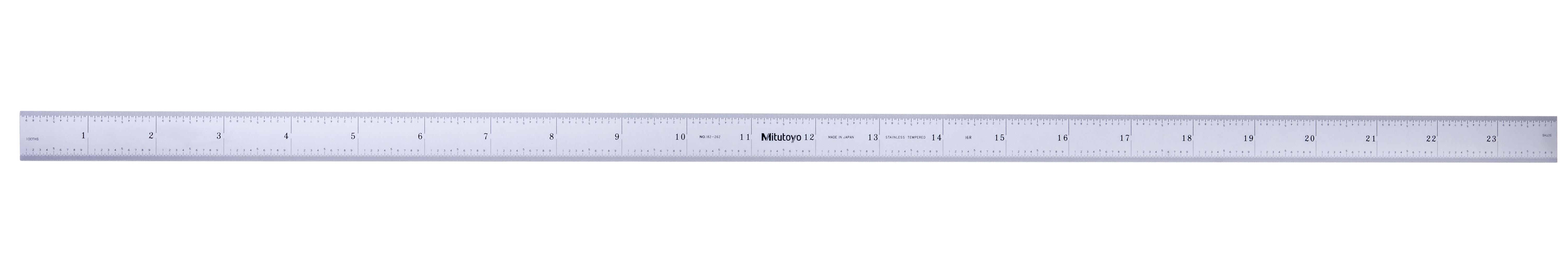 Mitutoyo, 182-262, Steel rule, 24 inch, 16R,  Flexible, Satin Chrome Finish Tempered Stainless Steel, (1/32, 1/64, 1/50, 1/100), width 3/4 inch