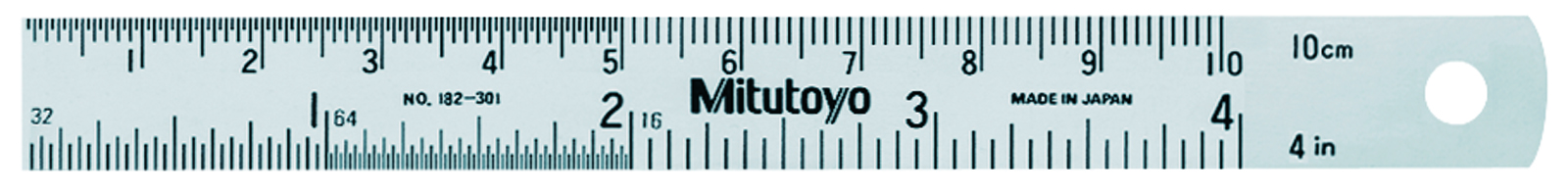 Mitutoyo, 182-301, 4 In, 100mm Steel Rule, 5/8 In  Wide, One-side, Semi-flexible, Satin Chrome Finish Tempered Stainless Steel, (1/16, 1/32, 1/64, 1mm, 0.5mm)