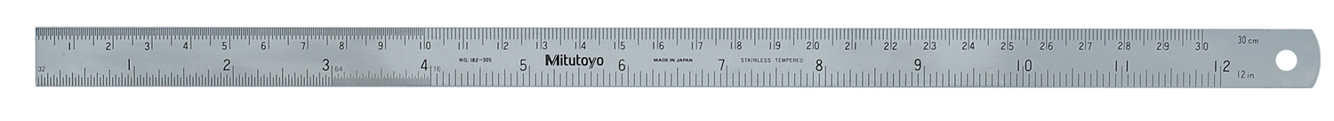 Mitutoyo, 182-305, 12 In, 300mm Steel Rule, 5/8 In  Wide, One-side, Semi-flexible, Satin Chrome Finish Tempered Stainless Steel, (1/16, 1/32, 1/64, 1mm, 0.5mm)