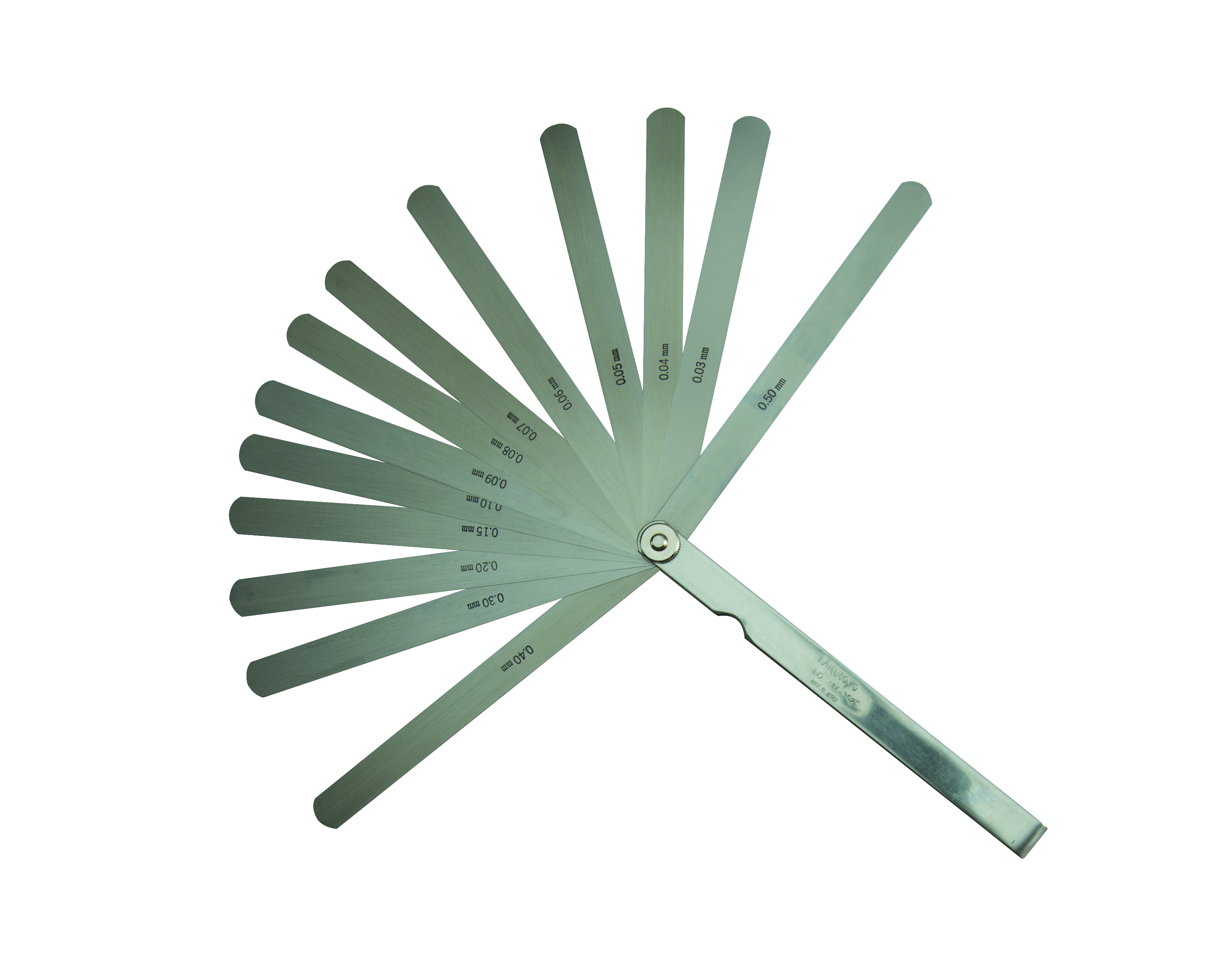 Mitutoyo, 184-302S, 0.03-0.5mm, 150mm Length, Thickness Gage Set, 13 Leaves (0.03-0.1mm by 0.01mm, 0.2-0.5mm by 0.1mm, 0.15mm)