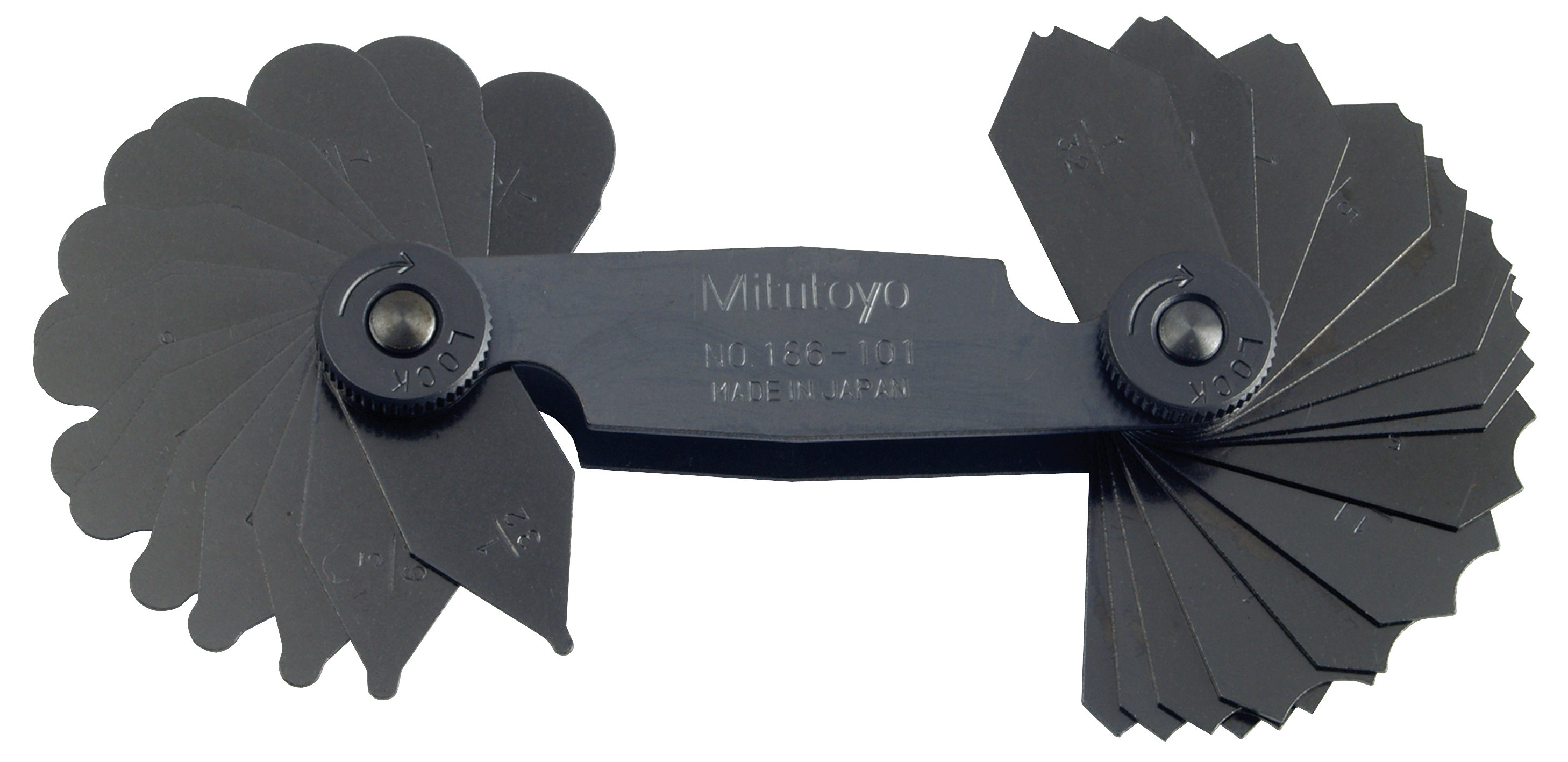 Mitutoyo, 186-101, 1/32-1/4 In, Concave/Convex Radius Gage Set, 15 Pairs of Leaves (1/32 In to 1/4 In by 64ths), Locking Clamp