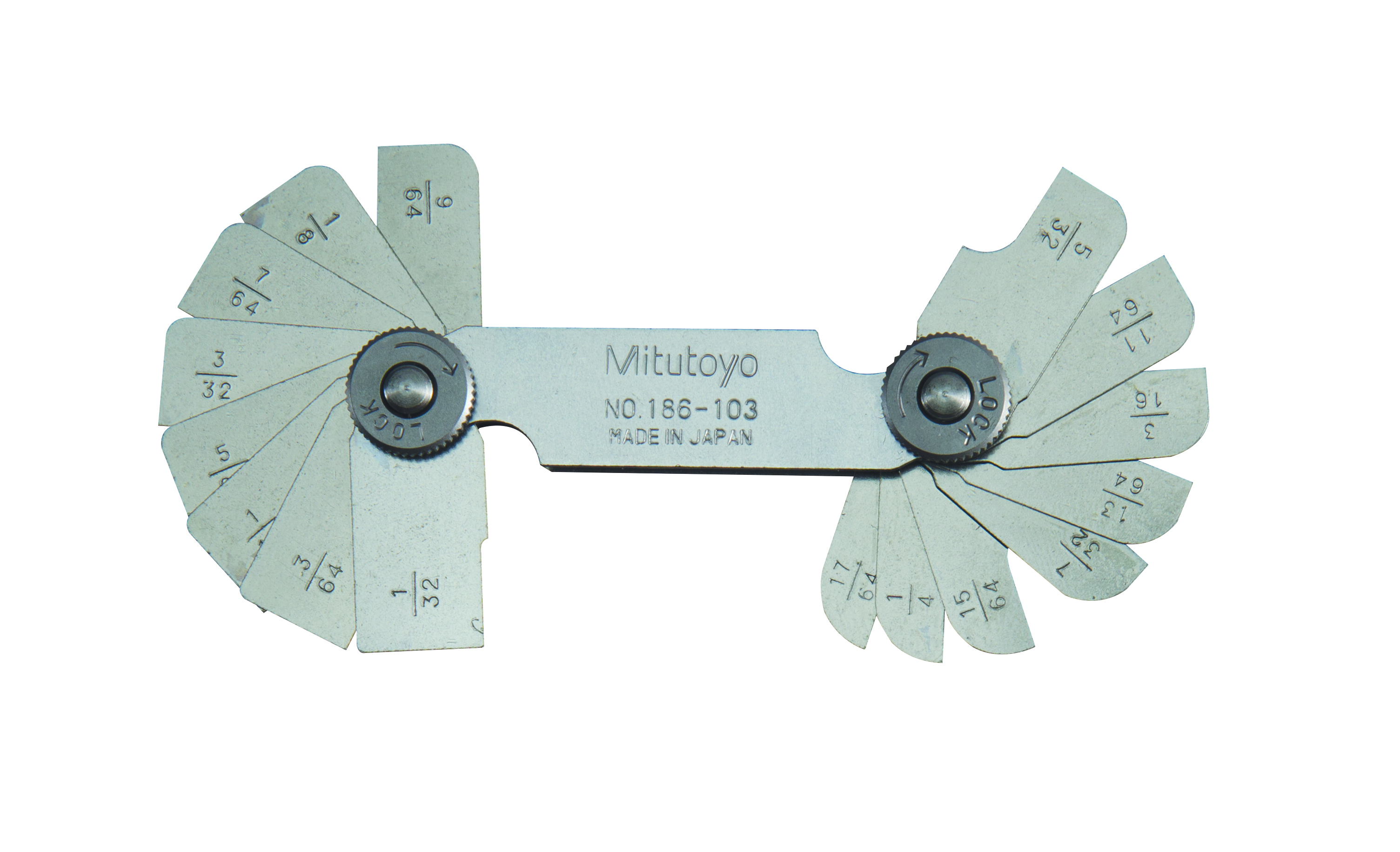 Mitutoyo, 186-103, 1/32-17/64 In, Concave/Convex Radius Gage Set, 16 Pairs of Leaves (1/32 In to 17/64 In by 64ths), Locking Clamp
