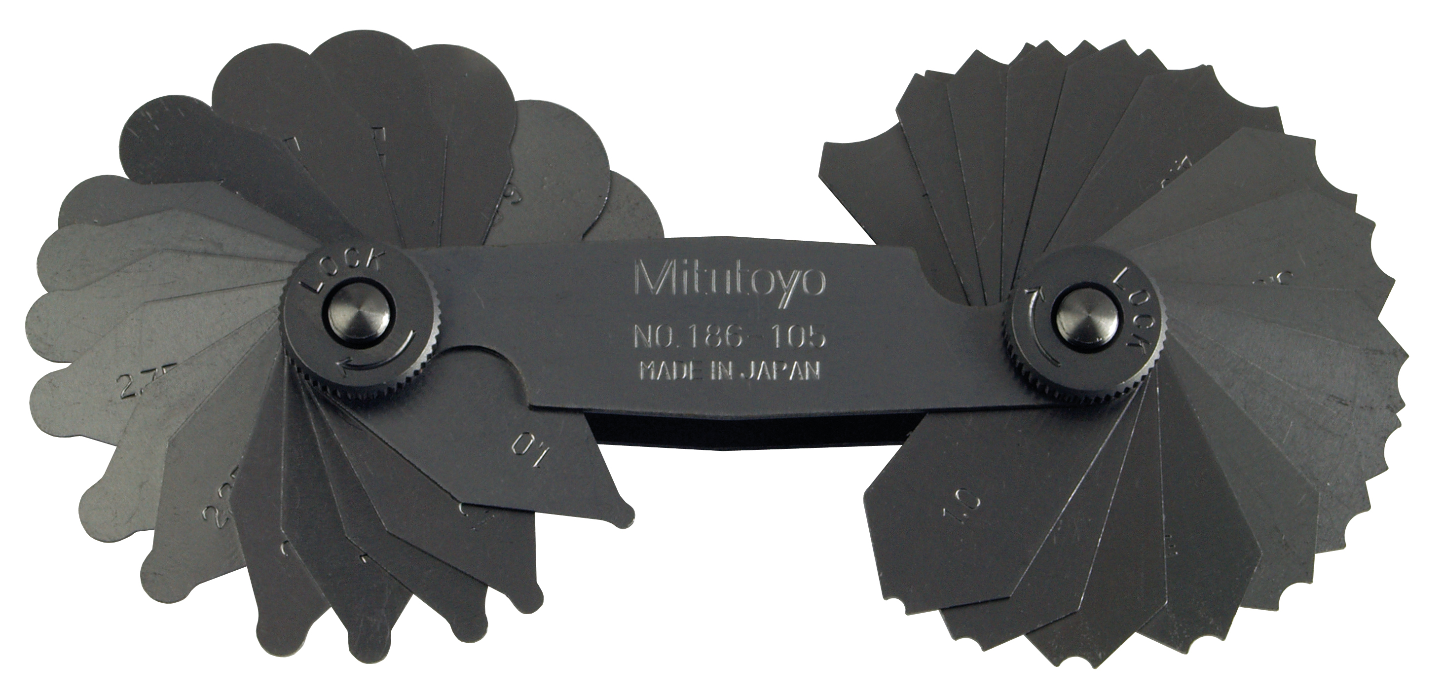 Mitutoyo, 186-105, 1-7mm, Concave/Convex Radius Gage Set, 34 Pairs of Leaves (1mm to 3mm by 0.25mm, 3.5mm to 7mm by 0.5mm), Locking Clamp