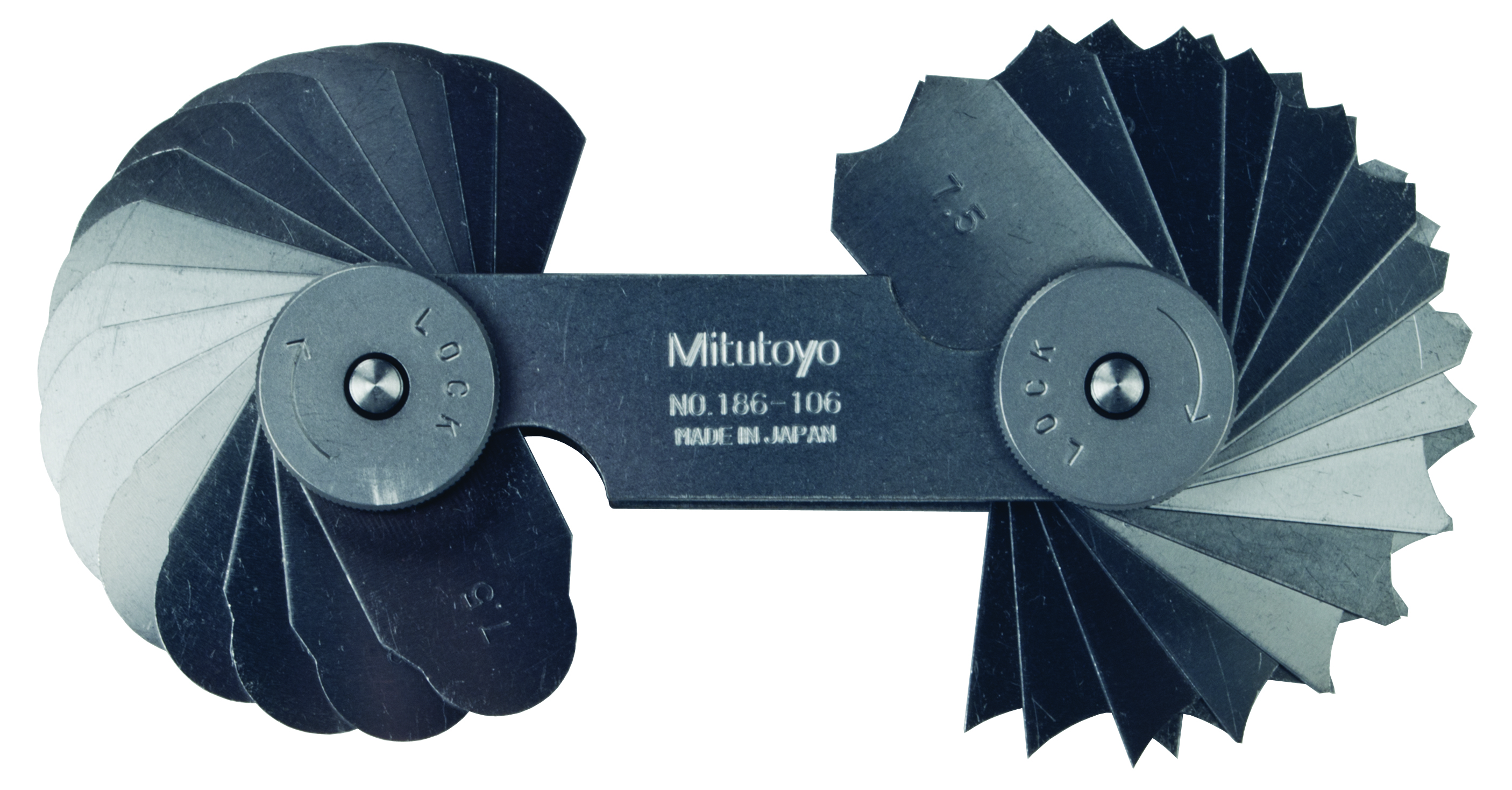 Mitutoyo, 186-106, 7.5-15mm, Concave/Convex Radius Gage Set, 32 Pairs of Leaves ( 7.5 to 15mm by 0.5mm), Locking Clamp