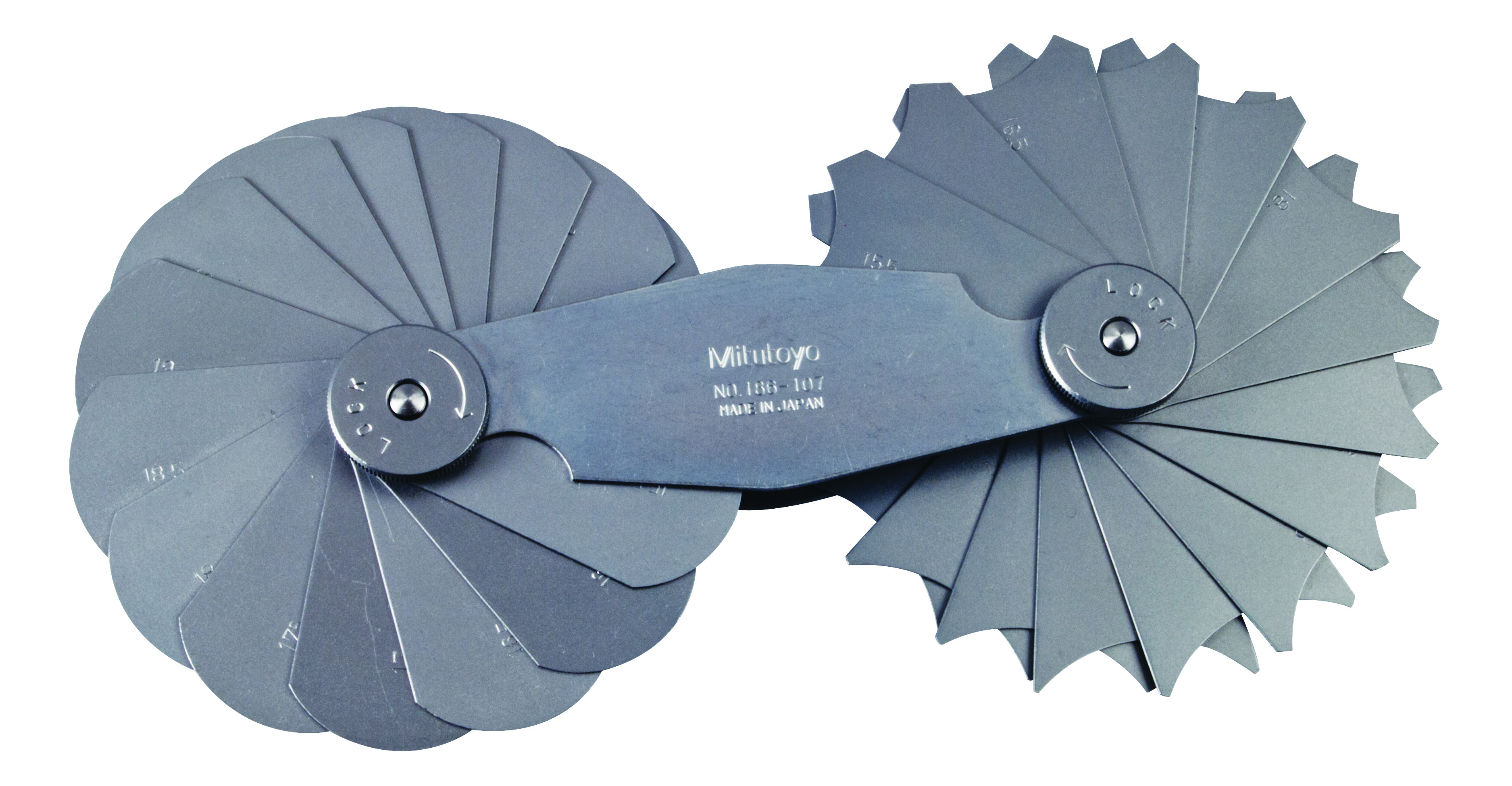 Mitutoyo, 186-107, 15.5-25mm, Concave/Convex Radius Gage Set, 15 Pairs of Leaves (15.5 to 20mm by 0.5mm, 21 to 25mm by 1mm), Locking Clamp