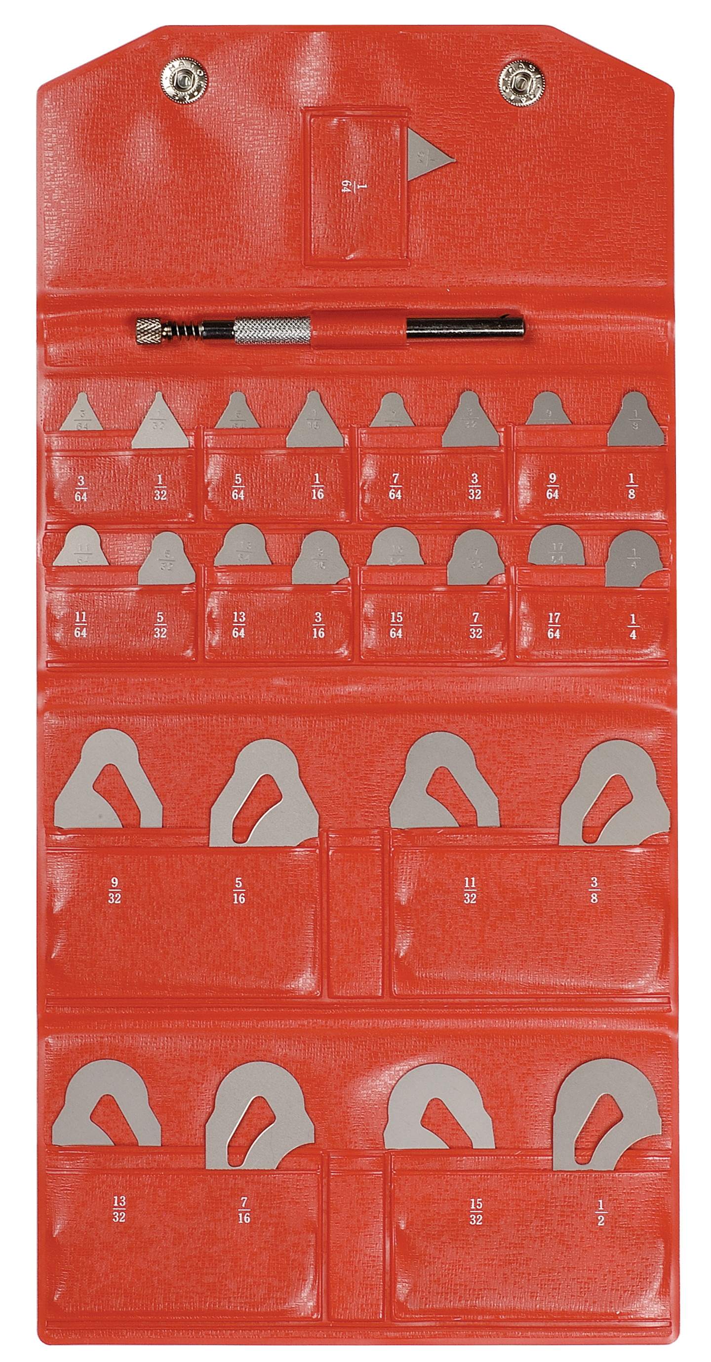 Mitutoyo, 186-901, 1/64-1/2 In, Concave/Convex Radius Gage Set, 25 Leaves (1/64 In to 17/64 In by 64ths, 9/32 In to 1/2 In by 32nds), With Holder