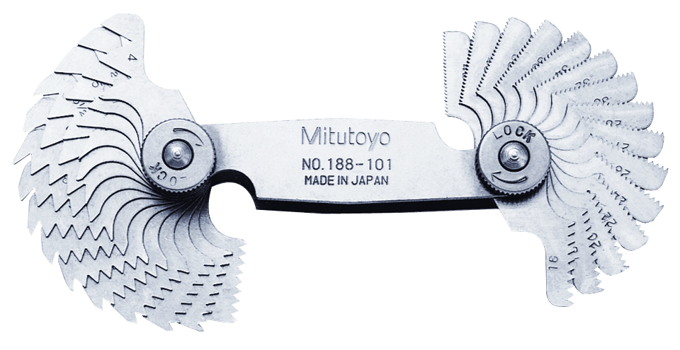 Mitutoyo, 188-101, 4-42 TPI, 55 Degrees, Screw Pitch Gage Set, 30 Leaves (4, 4.5, 5, 5.5, 6-11, 11.5, 12-16, 18, 20, 22, 24, 26, 27, 28, 30, 32, 34,
36, 38, 40, 42 TPI)