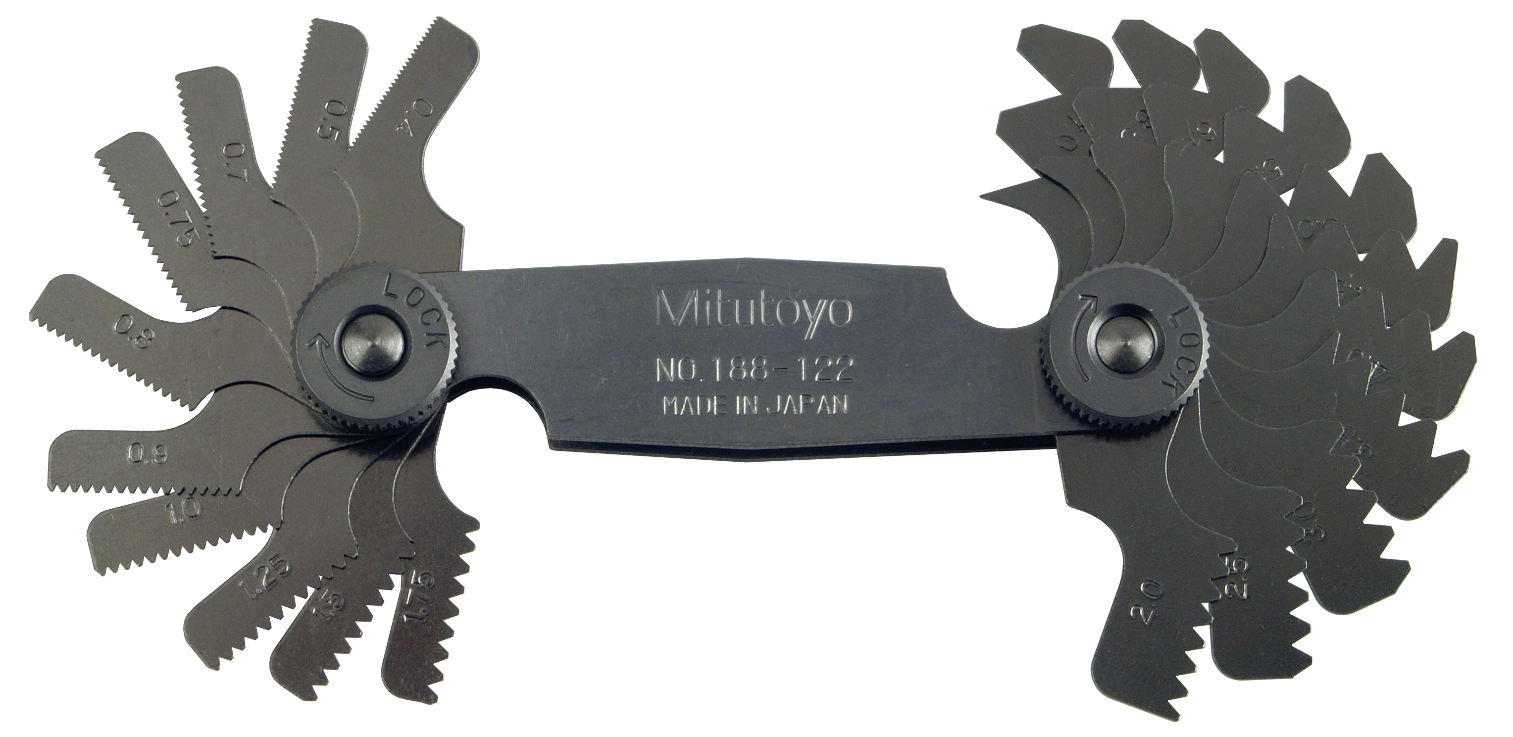 Mitutoyo, 188-122, 0.4-7mm, 60 Degrees, Screw Pitch Gage Set, 21 Leaves (0.4, 0.5, 0.7, 0.75, 0.8, 0.9, 1, 1.25, 1.5, 1.75, 2-7 by 0.5mm) 