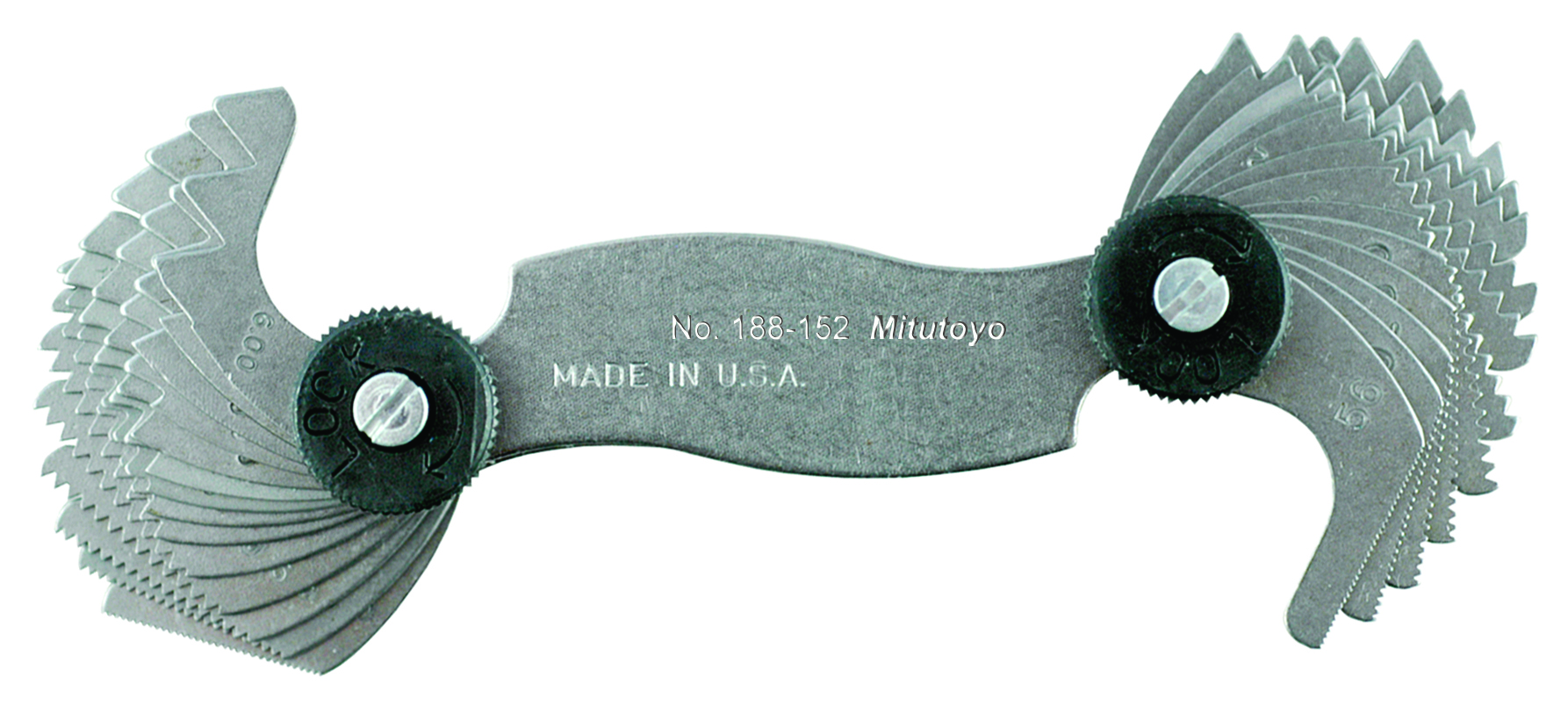 Mitutoyo, 188-152, 4-56 TPI/0.5-6mm, 60 Degrees, Screw Pitch Gage Set, 28 Leaves (4, 6, 8, 10, 11, 11.5 12, 13, 16, 20, 28, 32, 40, 56 TPI) ( 0.5, 0.75, 1, 1.23, 1.5, 1.75, 2-5 by 0.5, 6mm) 