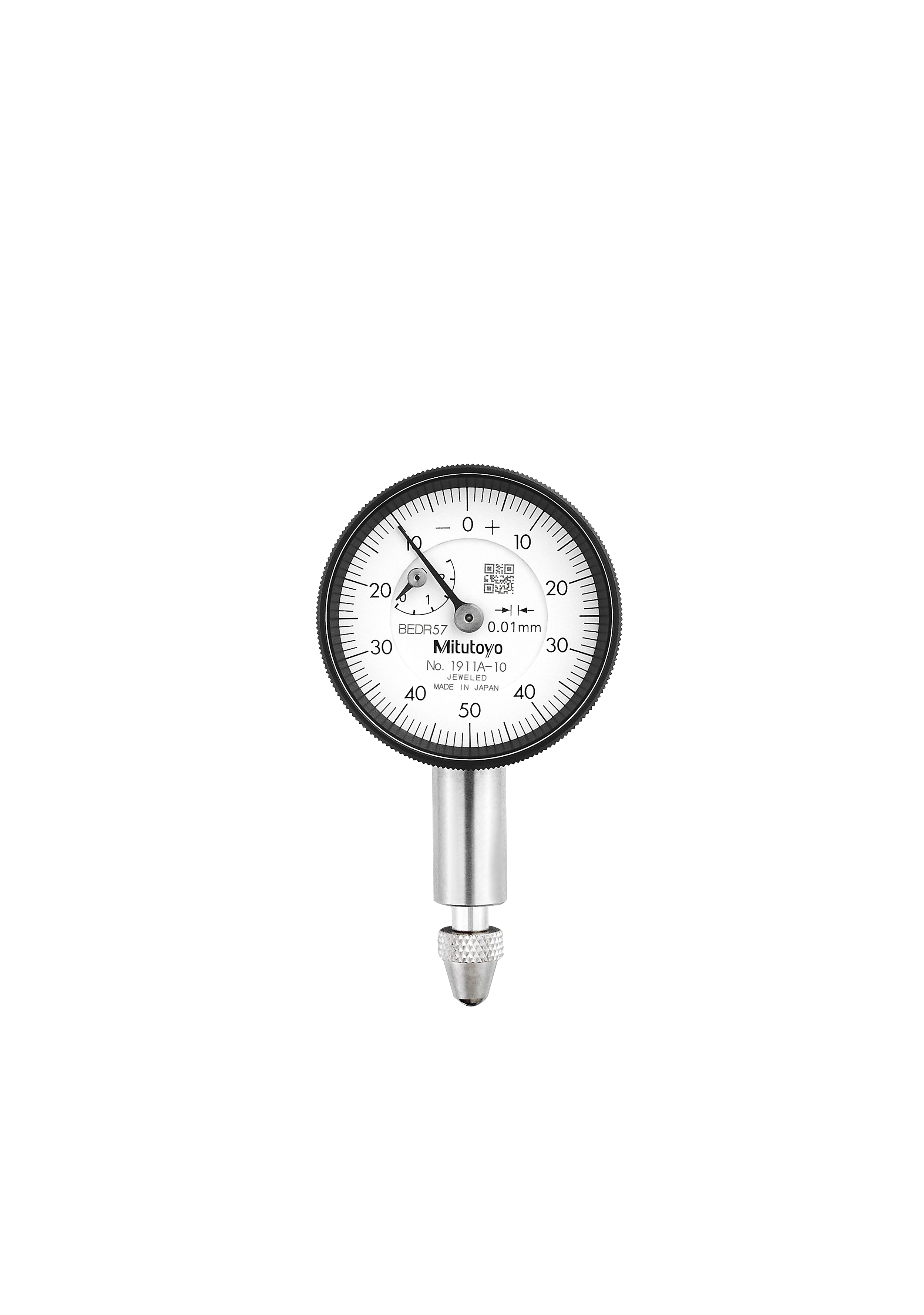 Mitutoyo, 1911A-10, 0.01mm, 2.5mm/(1mm per rev) Dial Indicator, 0-50-0, Lug Back, 8mm stem, Series 0, Compact Type, Jeweled