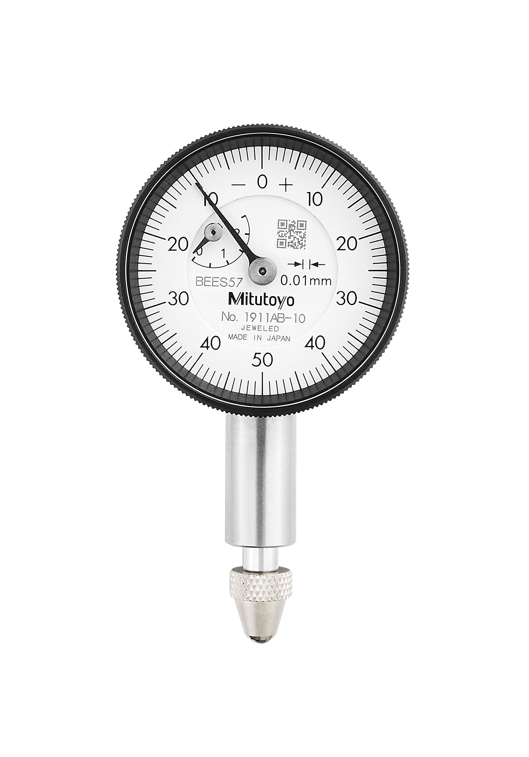 Mitutoyo, 1911AB-10, 0.01mm, 2.5mm/(1mm per rev) Dial Indicator, 0-50-0, Flat Back, 8mm stem, Series 0, Compact Type, Jeweled