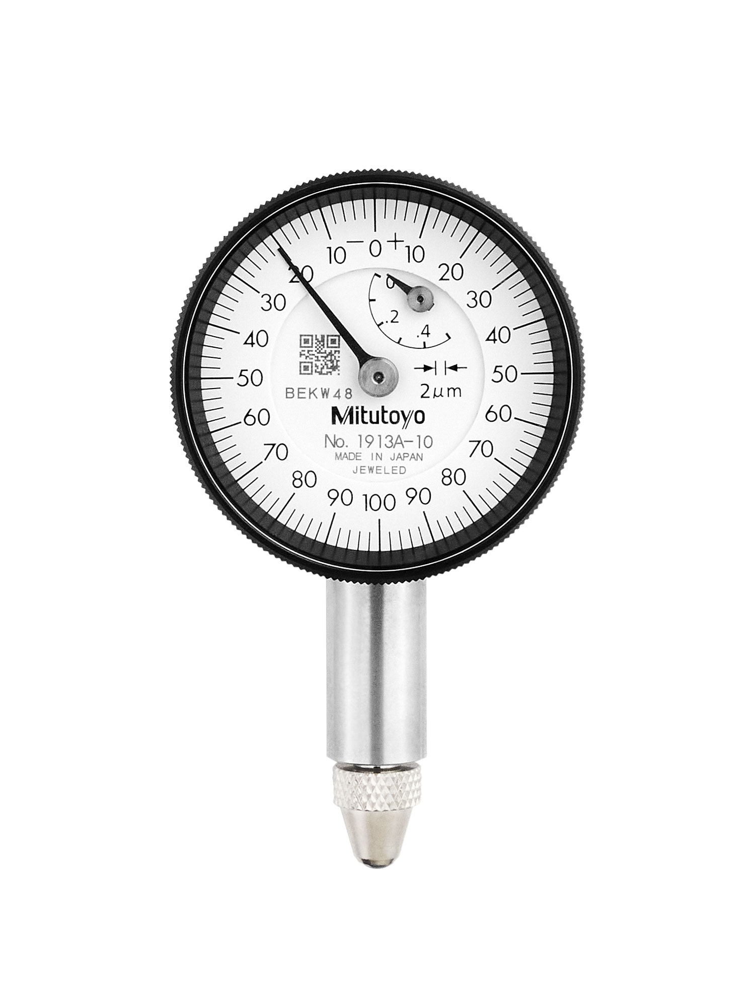 Mitutoyo, 1913A-10, 0.002mm, 0.5mm/(.2mm per rev) Dial Indicator, 0-100-0, Lug Back, 8mm stem, Series 0, Compact Type, Jeweled