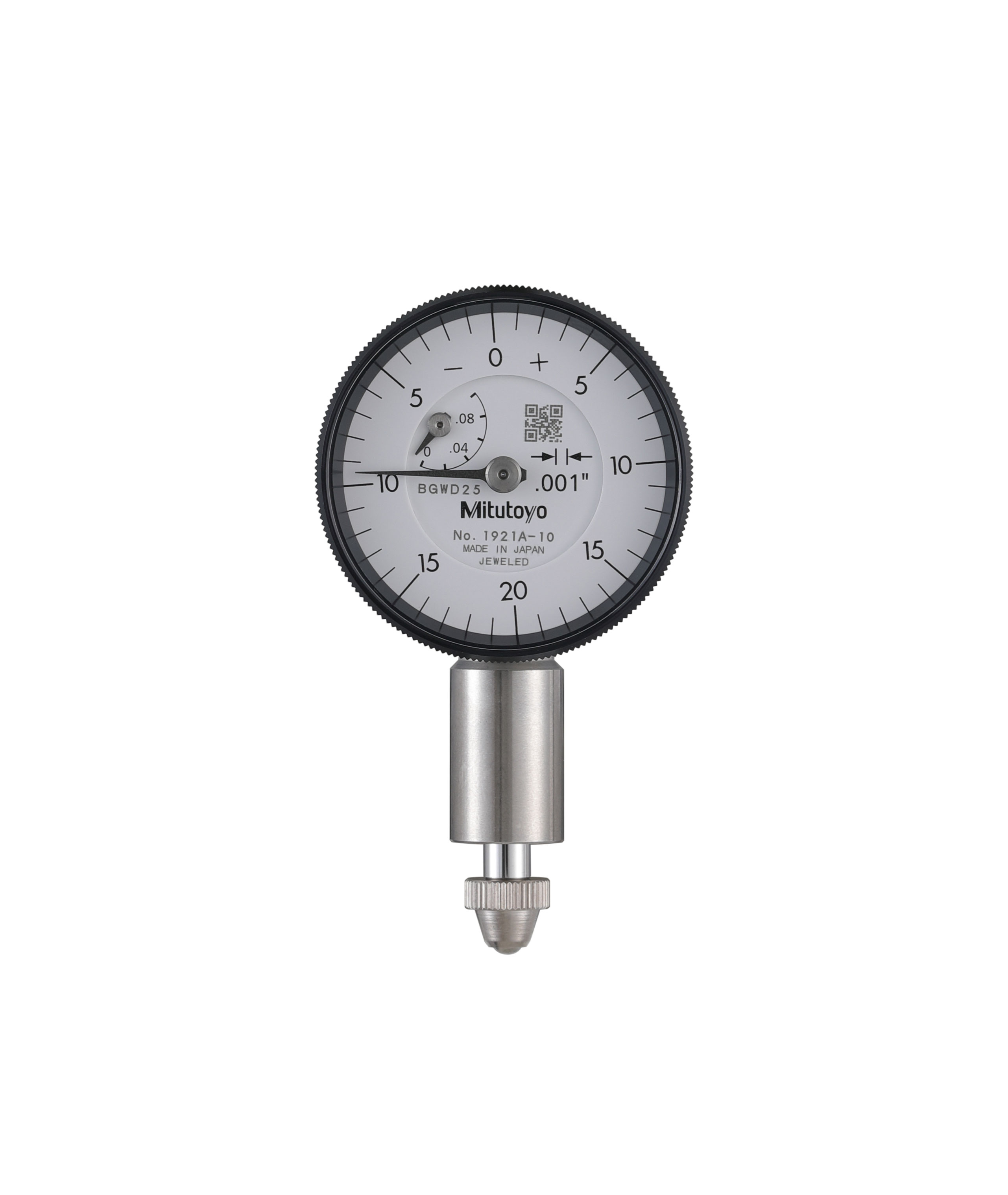 Mitutoyo, 1921A-10, Dial Indicator, compact type, .001 inch graduation, .1 inch range, .04 inch range/rev, 0-20-0 dial reading, w/ lug
