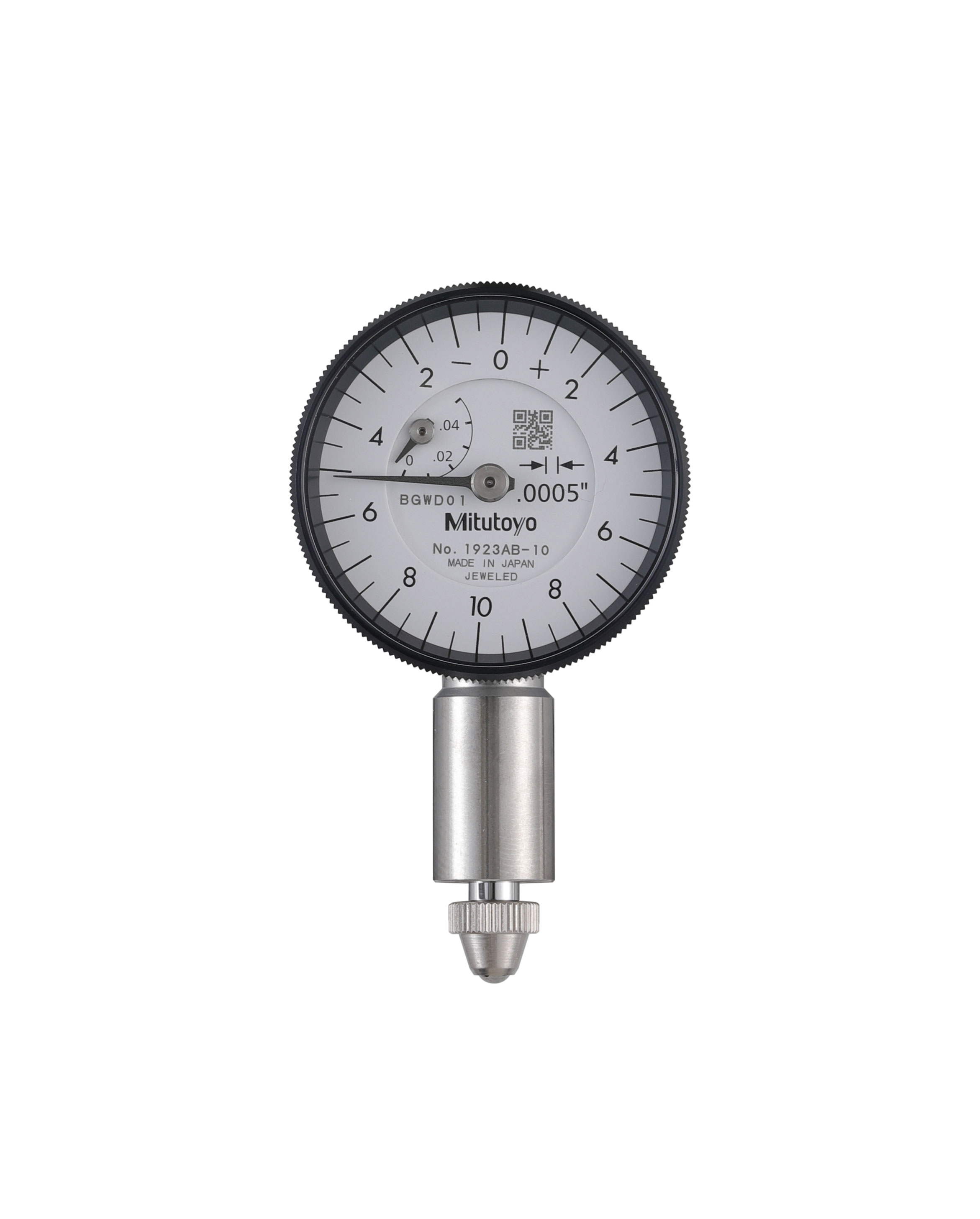 Mitutoyo, 1923AB-10, .0005 In, .05 In/(.02 In per rev) Dial Indicator, 0-5-0, Flat Back, Series 0, 3/8 In stem diameter, Jeweled