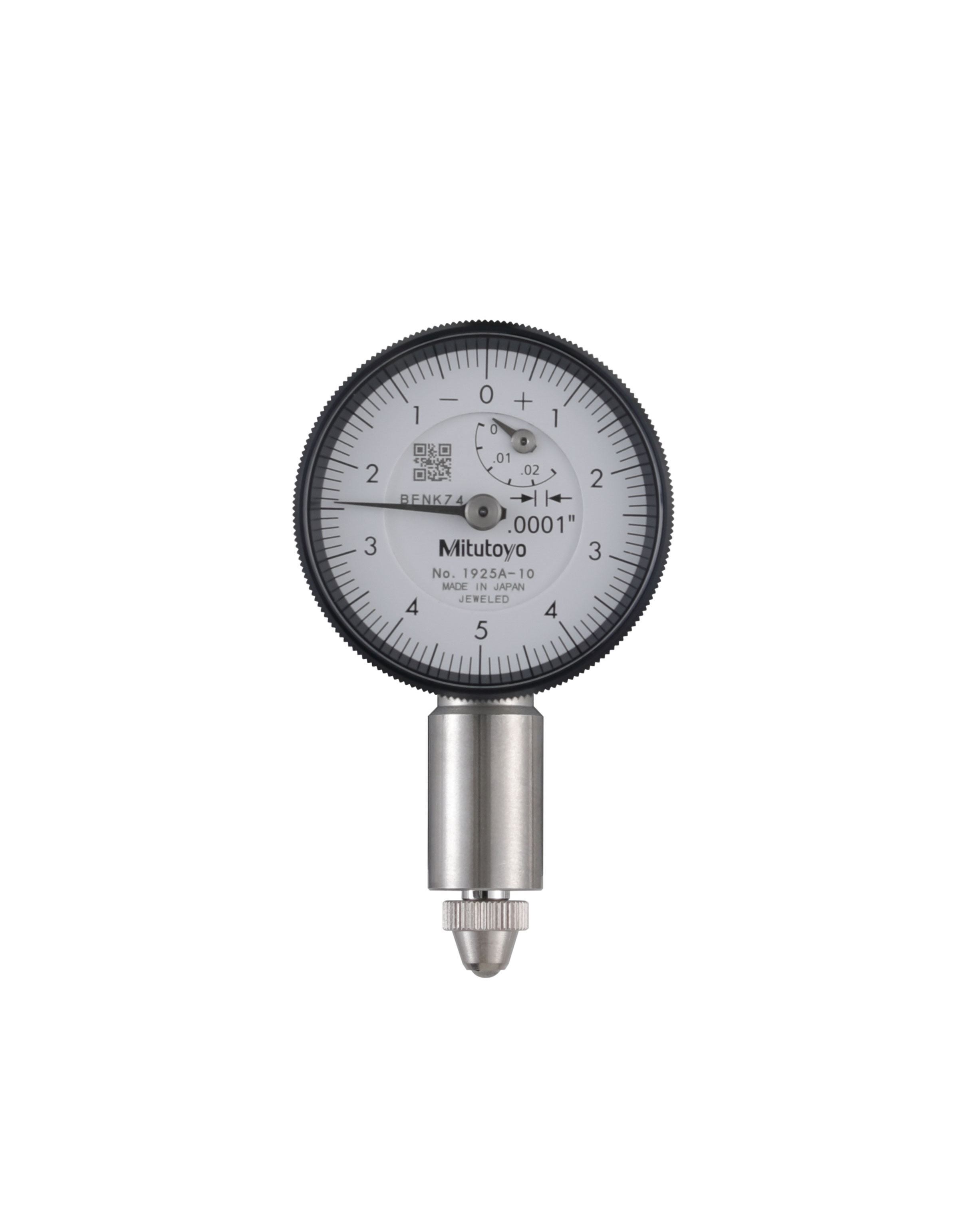 Mitutoyo, 1925A-10, .0001 In, .025 In/(.01 In per rev) Dial Indicator, 0-5-0, Lug Back, Series 0, 3/8 In stem diameter, Jeweled