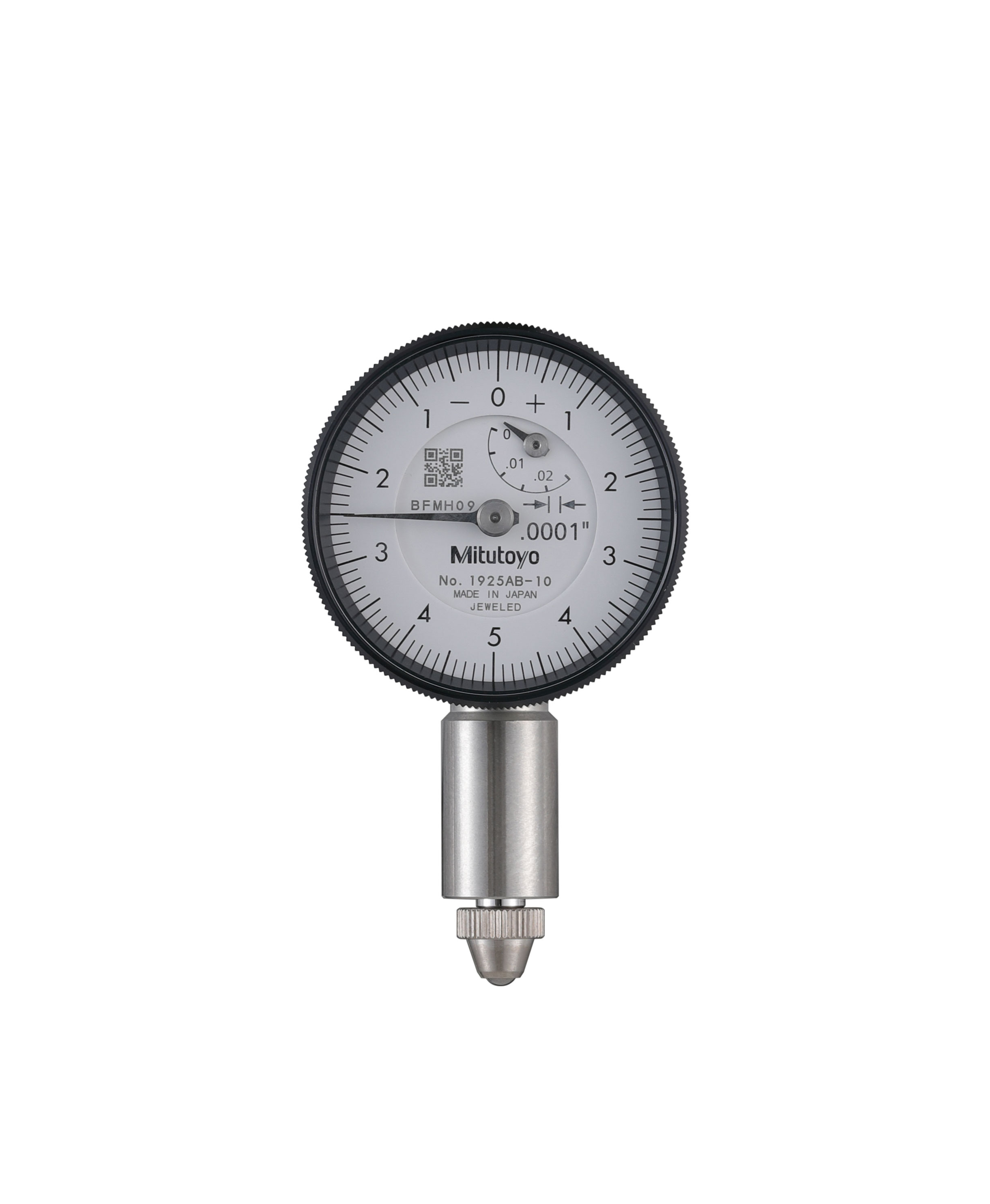 Mitutoyo, 1925AB-10, .0001 In, .025 In/(.01 In per rev) Dial Indicator, 0-5-0,Flat Back, Series 0, 3/8 In stem diameter, Jeweled