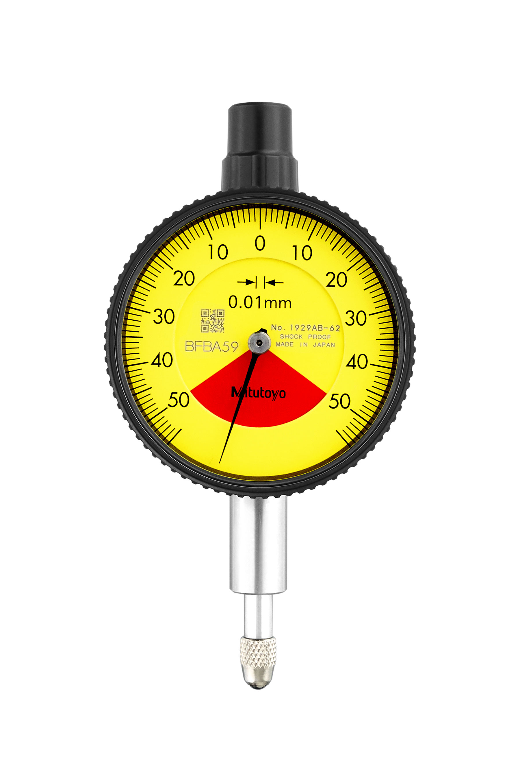 Mitutoyo, 1929AB-62, 0.01mm, 1mm/1.4mm Dial Indicator, 50-0-50, Flat Back, 8mm stem, Series 1, Compact One Rev, Shockproof, Waterproof