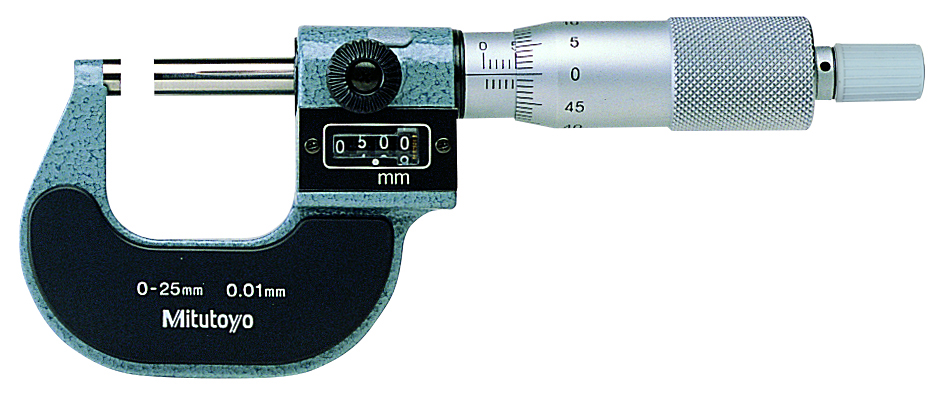 Mitutoyo, 193-101, 0-25mm, 0.01mm Digit Counter Outside Micrometer, Carbide Tip, Ratchet Stop