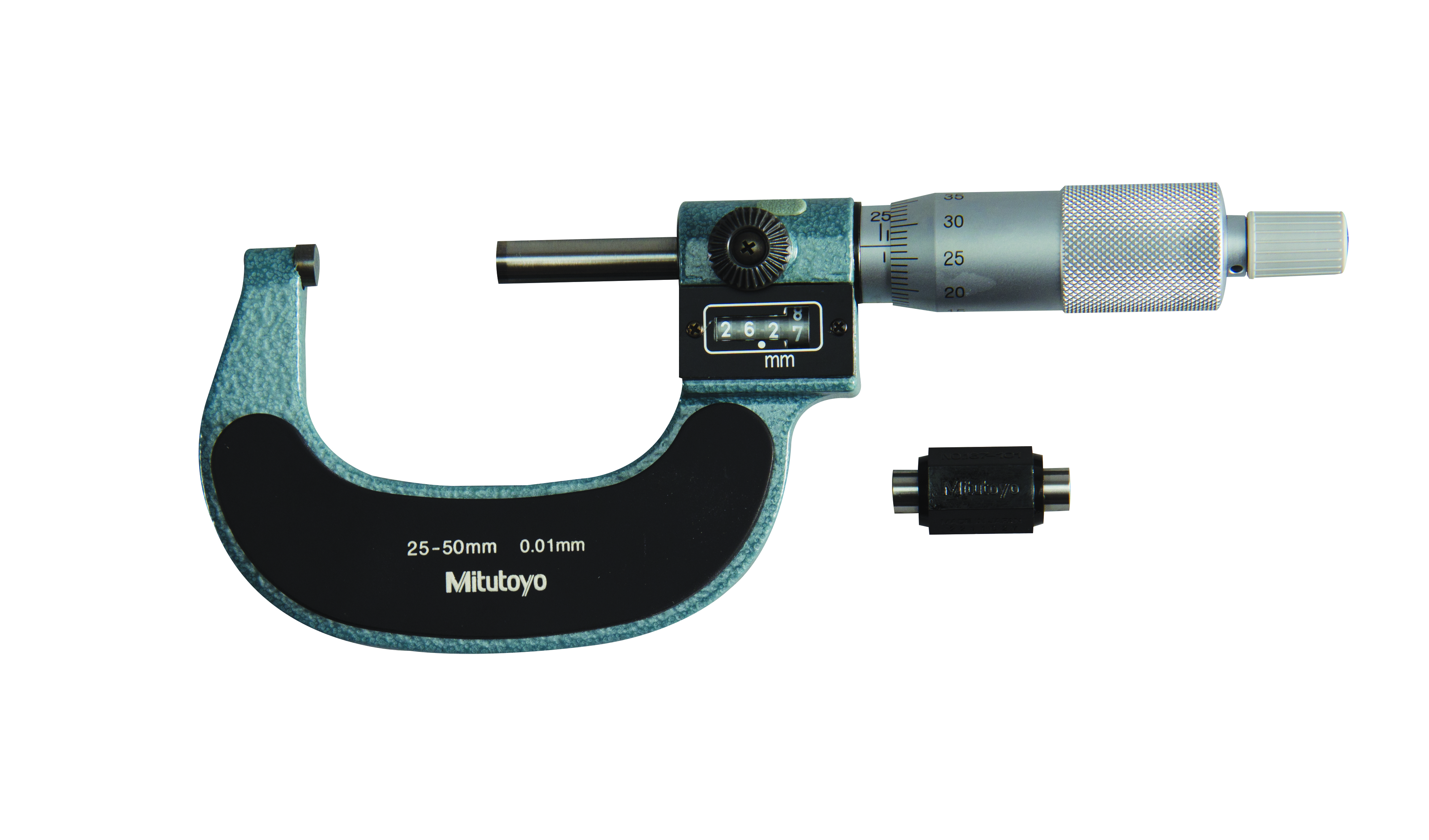 Mitutoyo, 193-102, 25-50mm, 0.01mm Digit Counter Outside Micrometer, Carbide Tip, Ratchet Stop, With Standard