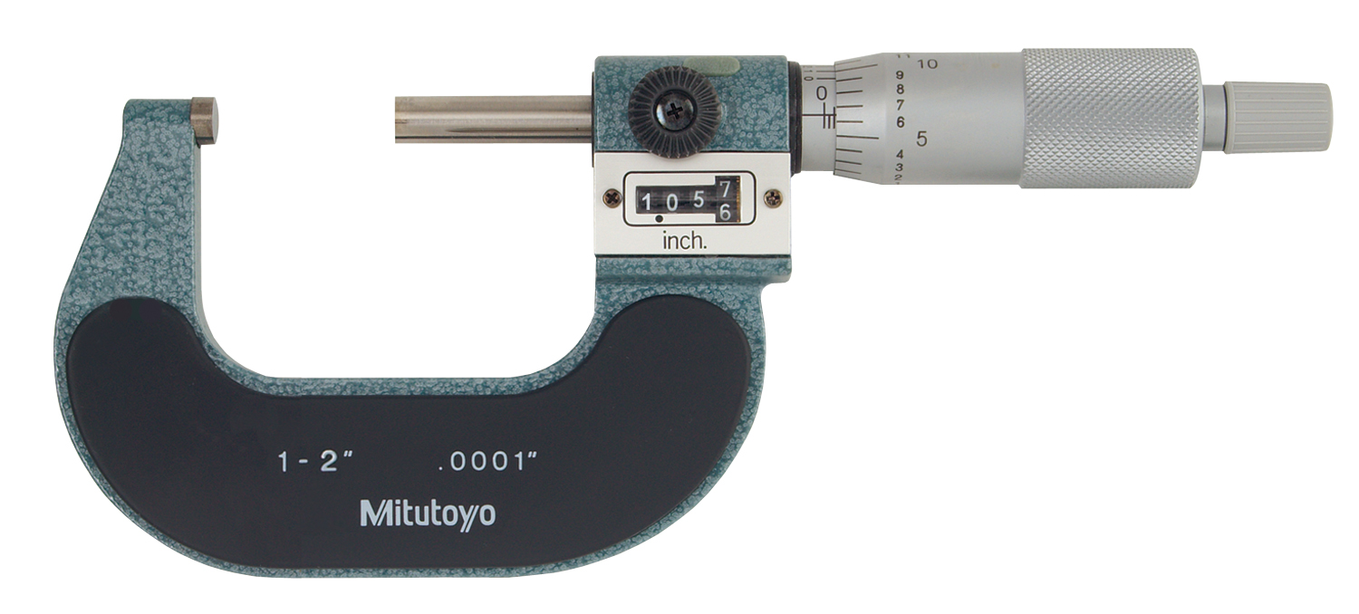 Mitutoyo, 193-212, 1-2 In, .0001 In Digit Counter Outside Micrometer, Carbide Tip, Friction Thimble, With Standard