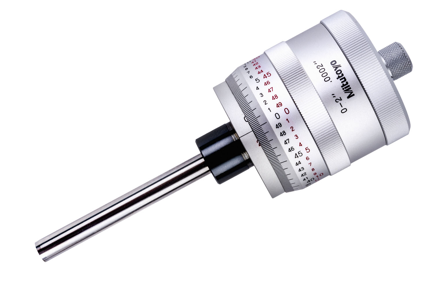 Mitutoyo, 197-201, Micrometer Head, non-rotating spindle and large thimble, 0-2 inch range, +/- .0002 inch accuracy, .709 inch stem diameter, plain, flat (carbide tip) spindle face, bidirectional graduation