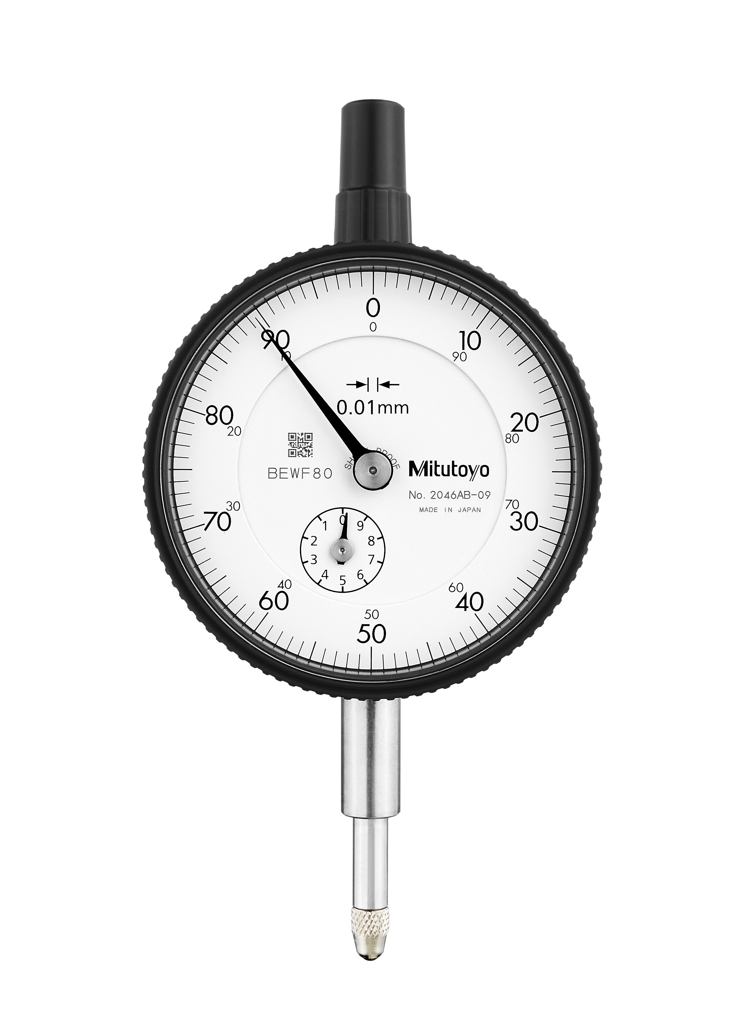 Mitutoyo, 2046AB-09, 0.01mm, 10mm/(1mm per rev) Dial Indicator, 0-100, Flat Back, 8mm stem, Series 2, Shockproof