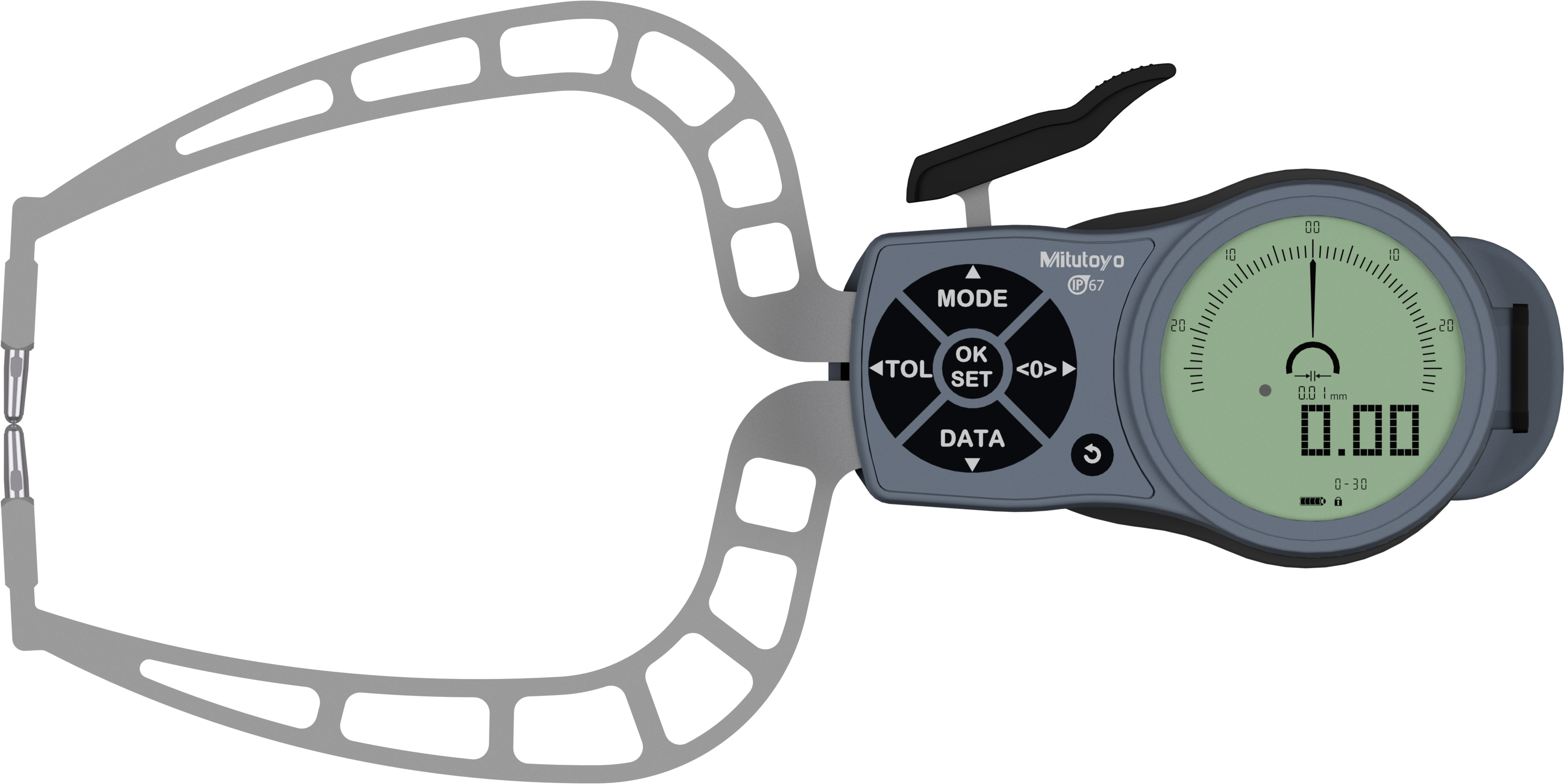 Mitutoyo, 209-951, Digimatic Caliper Gage, external tube thickness measurement, 0-1.18 In/0-30mm range, .001 In/0.02mm resolution, .002 In/0.04mm accuracy