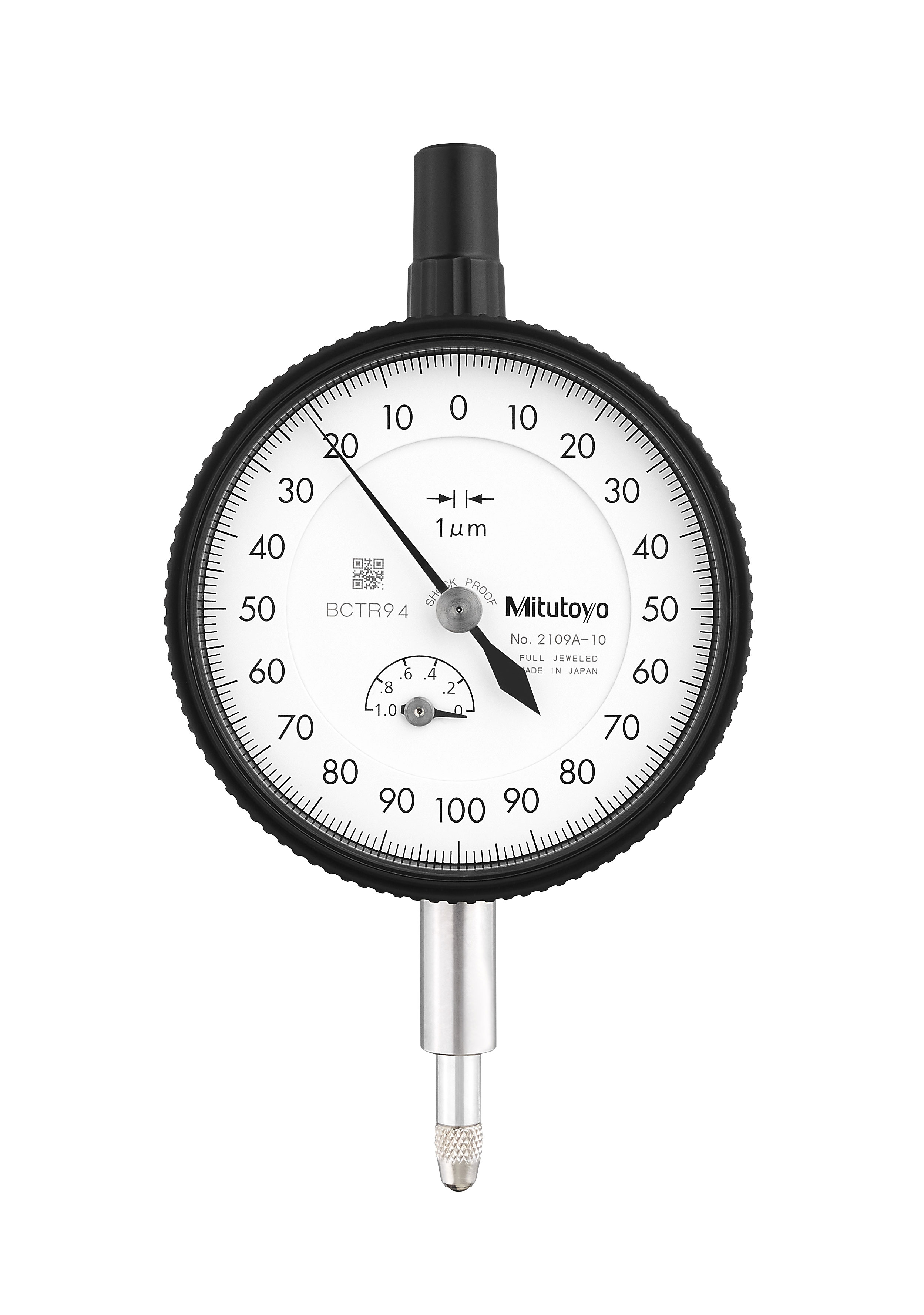 Mitutoyo, 2109A-10, 0.001mm, 1mm/(0.2mm per rev) Dial Indicator, 0-100-0, Lug Back, 8mm stem, Series 2, Shockproof, Jeweled
