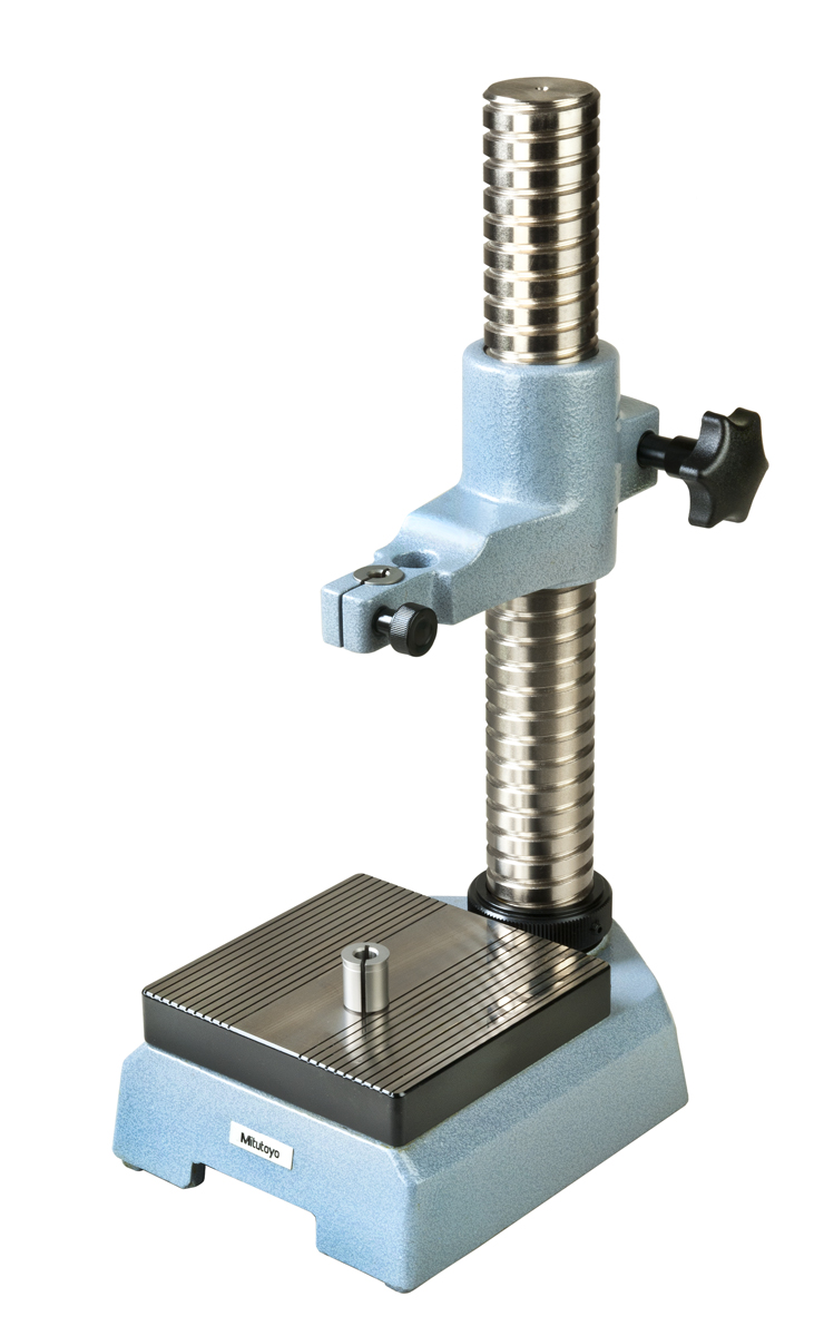 Mitutoyo, 215-505-10, 150X150mm Stage, Comparator Stand, For Indicators and Linear Gages, Serrated Anvils,  3/8 in and 8/20mm Diameter Stem Holes, 275mm Travel, With Fine Feed Adjustment Over Entire Travel