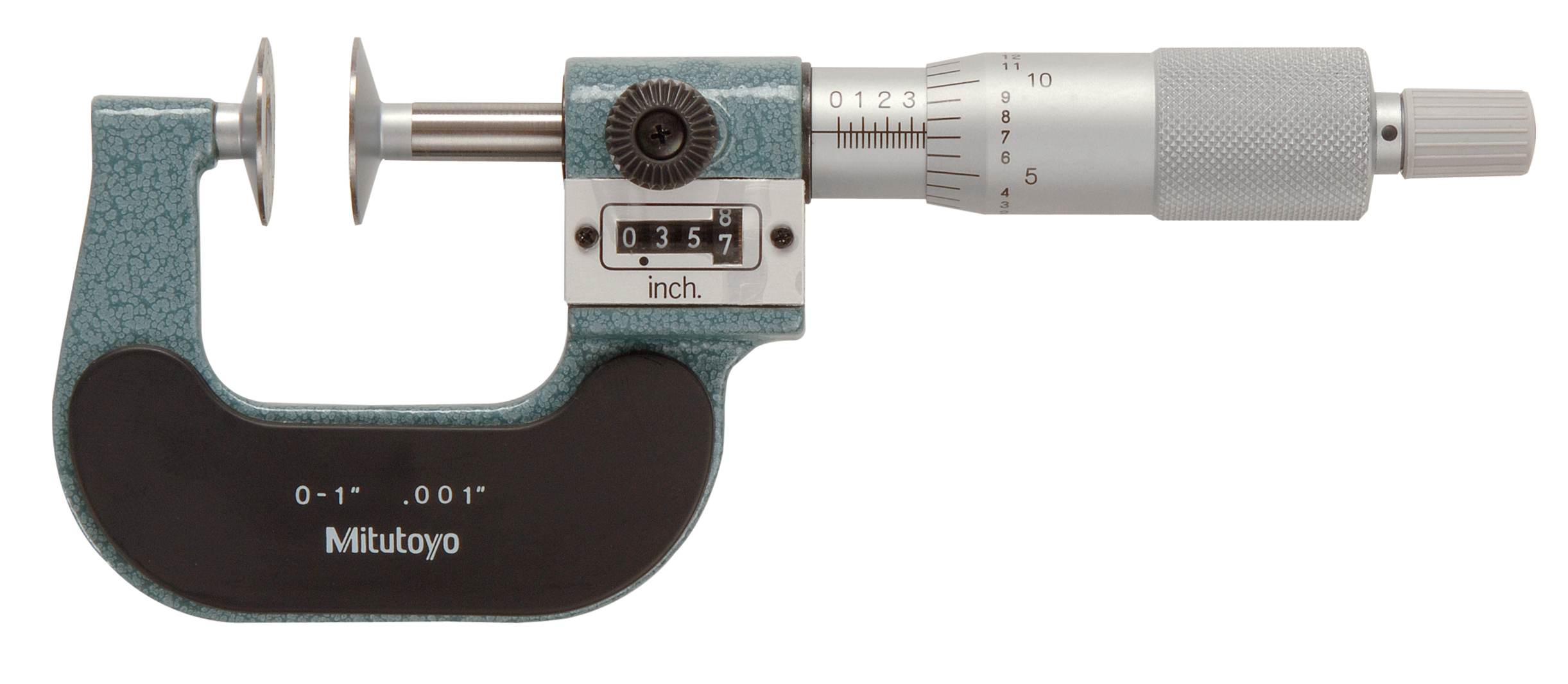 Mitutoyo, 223-125, 0-1 In, .001 In, Mechanical Counter Disk Micrometer, Ratchet Stop, +/-.0002 inch accuracy, 260 grams mass