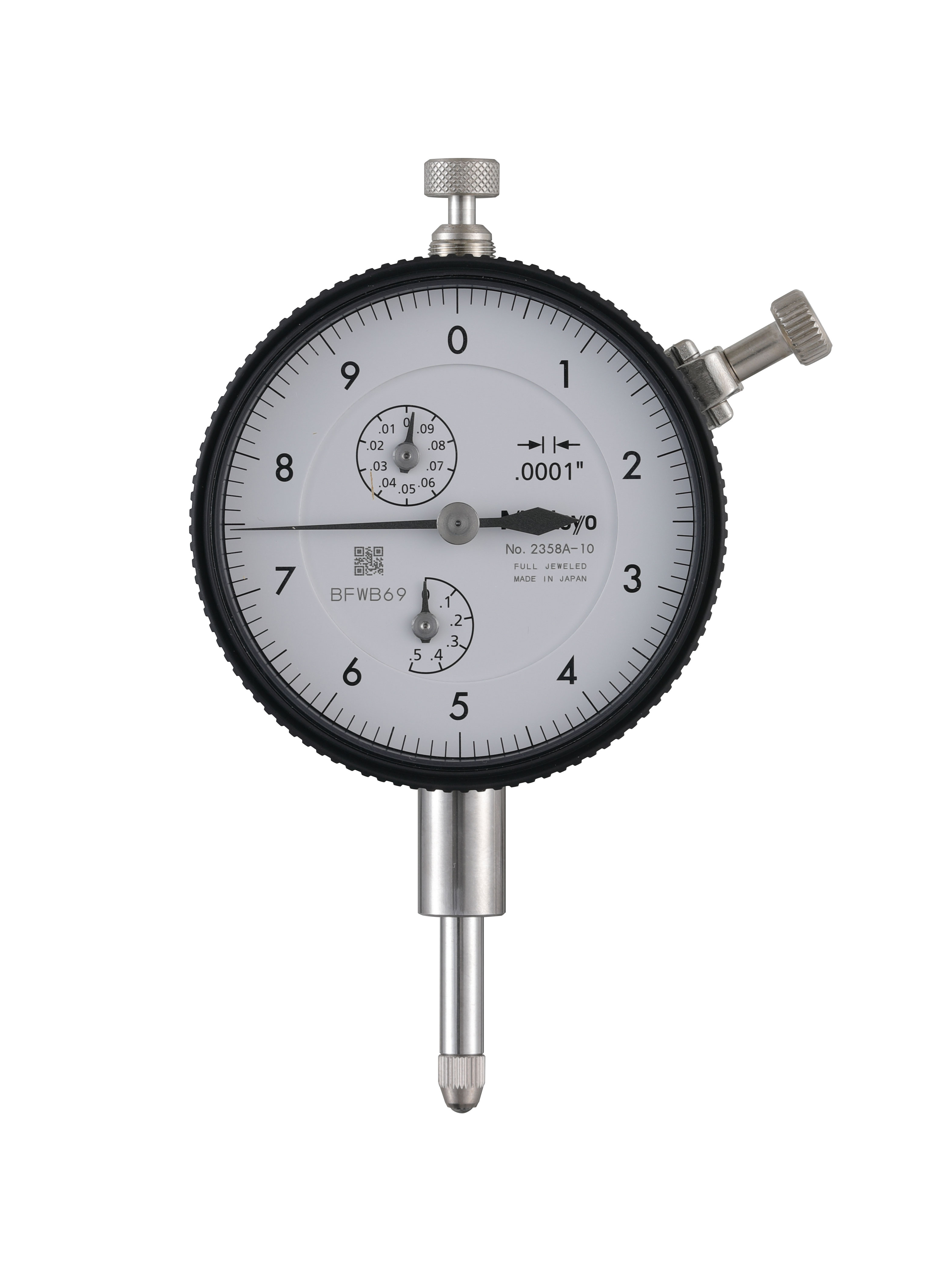 Mitutoyo, 2358A-10, .0001 In, .5 In/(.01 In per rev), Dial Indicator, 0-10, Lug Back, 3/8 In stem, Series 2, Jeweled