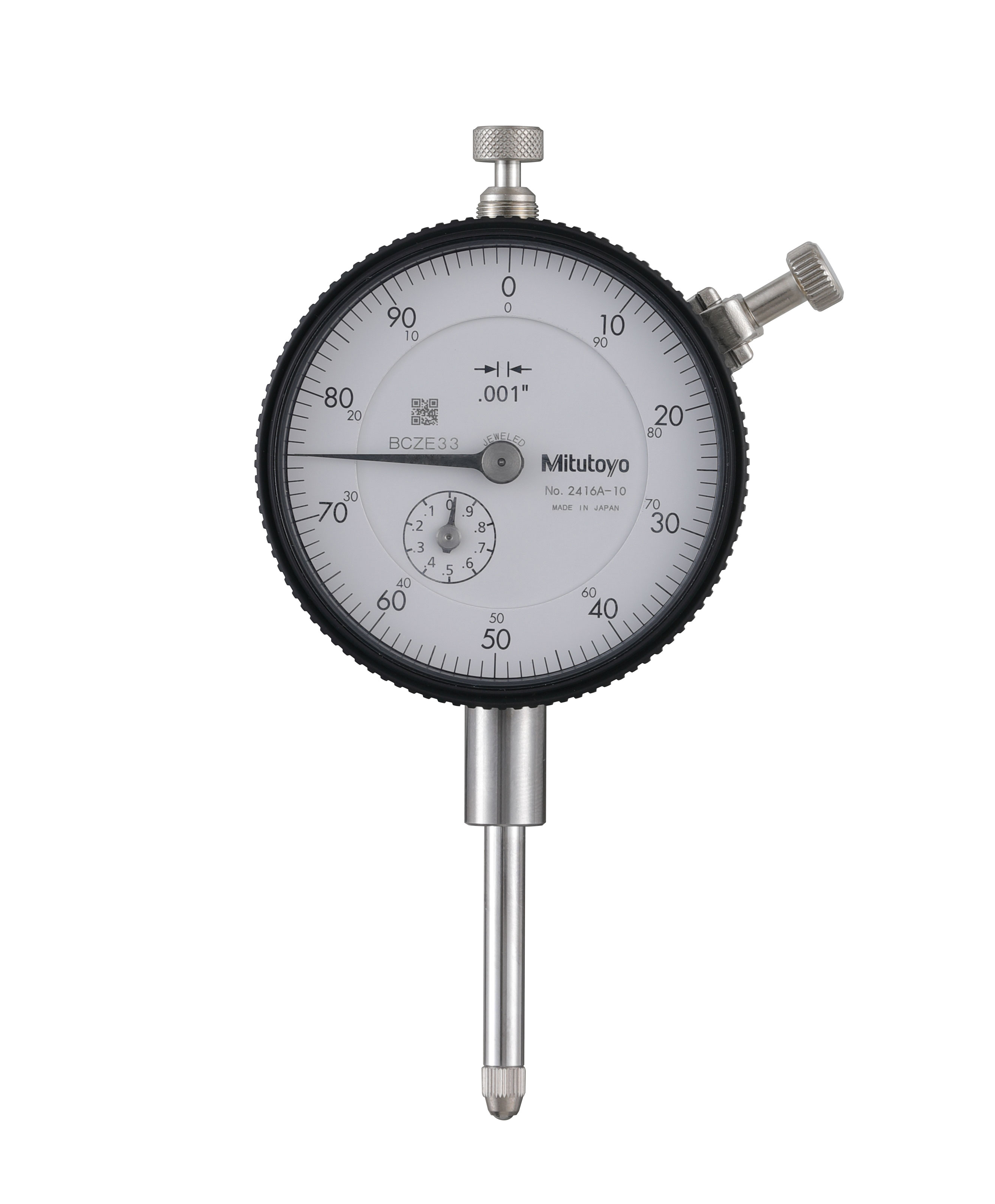 Mitutoyo, 2416A-10, .001 In, 1 In/(.1 In per rev), Dial Indicator, 0-100, Lug Back, 3/8 In stem, Series 2, Jeweled