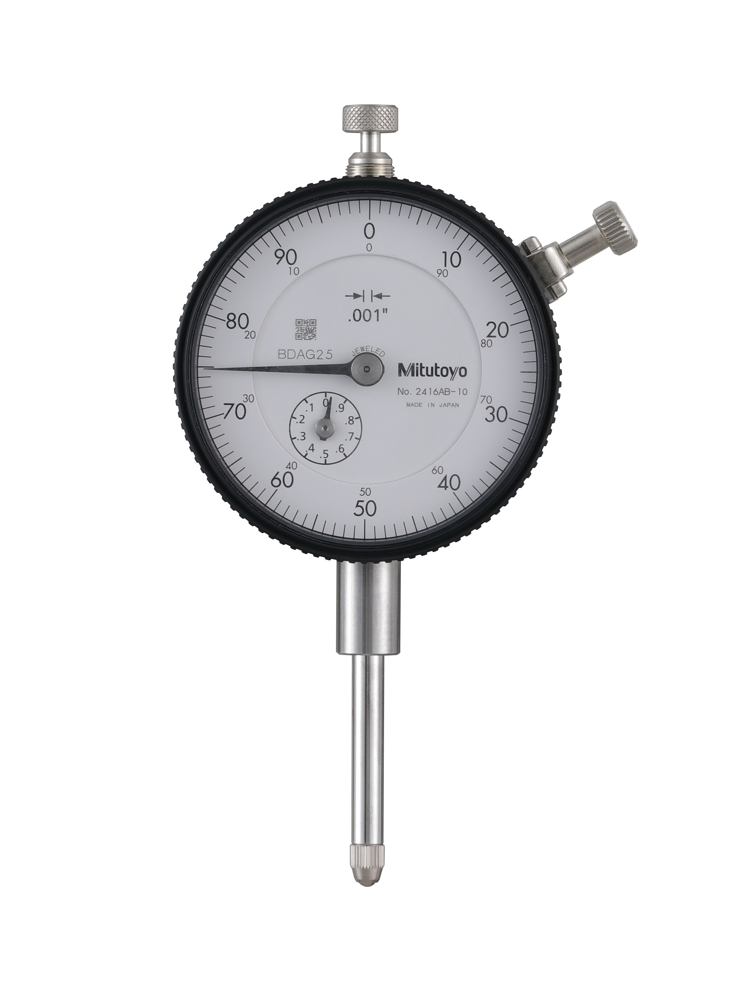 Mitutoyo, 2416AB-10, .001 In, 1 In/(.1 In per rev), Dial Indicator, 0-100, Flat Back, 3/8 In stem, Series 2, Jeweled