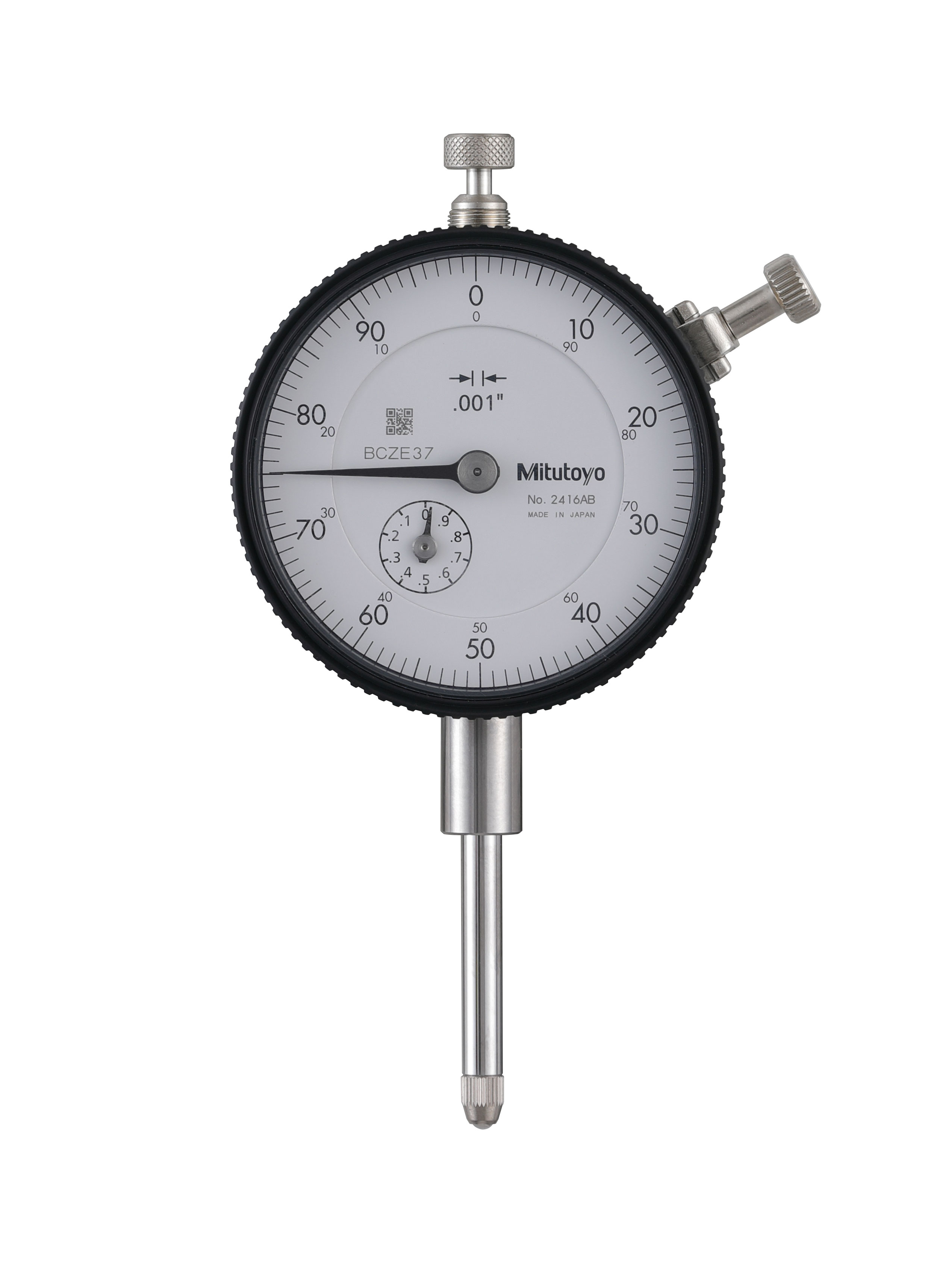 Mitutoyo, 2416AB, .001 In, 1 In/(.1 In per rev), Dial Indicator, 0-100, Flat Back, 3/8 In stem, Series 2