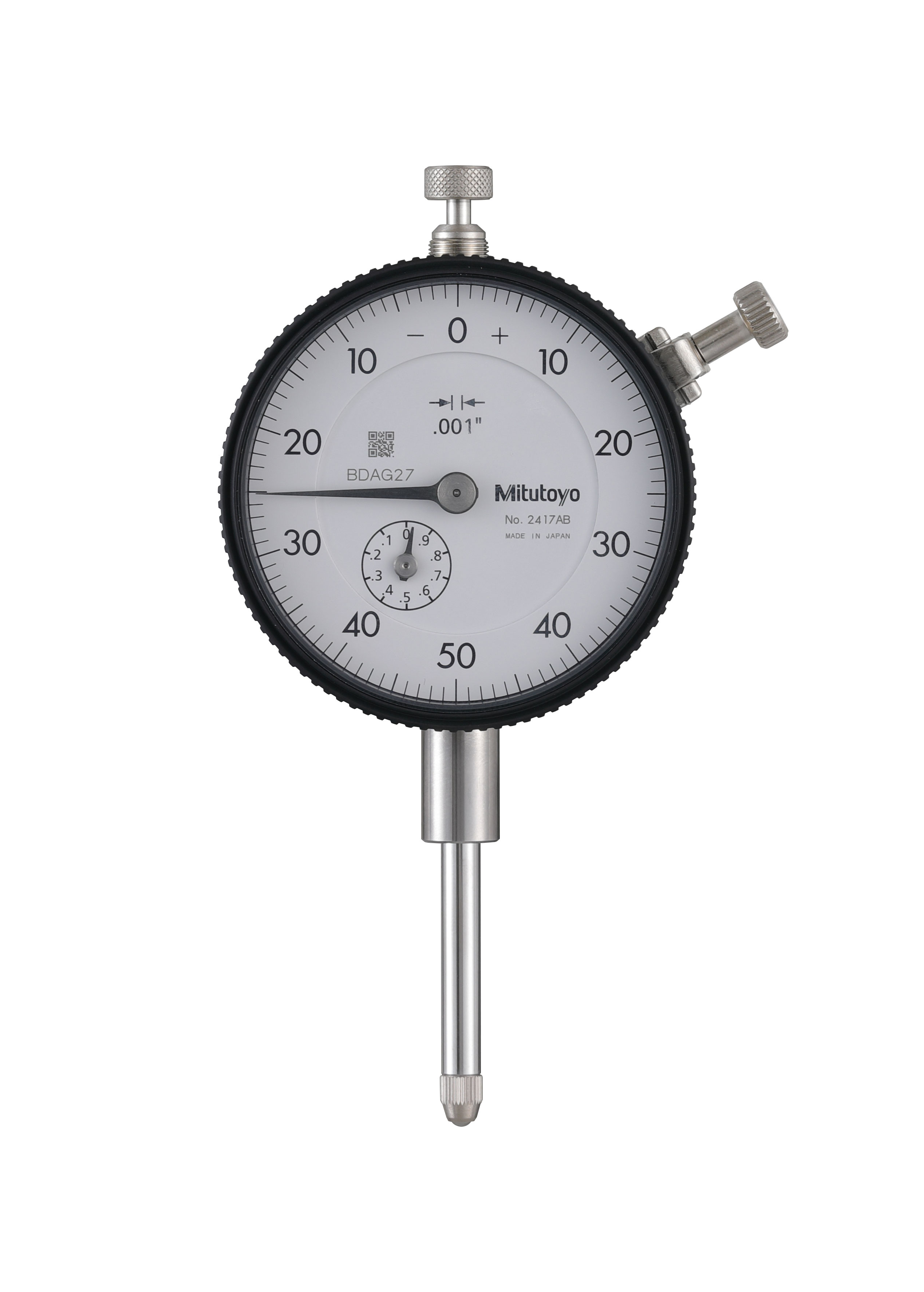 Mitutoyo, 2417AB, .001 In, 1 In/(.1 In per rev), Dial Indicator, 0-50-0, Flat Back, 3/8 In stem, Series 2
