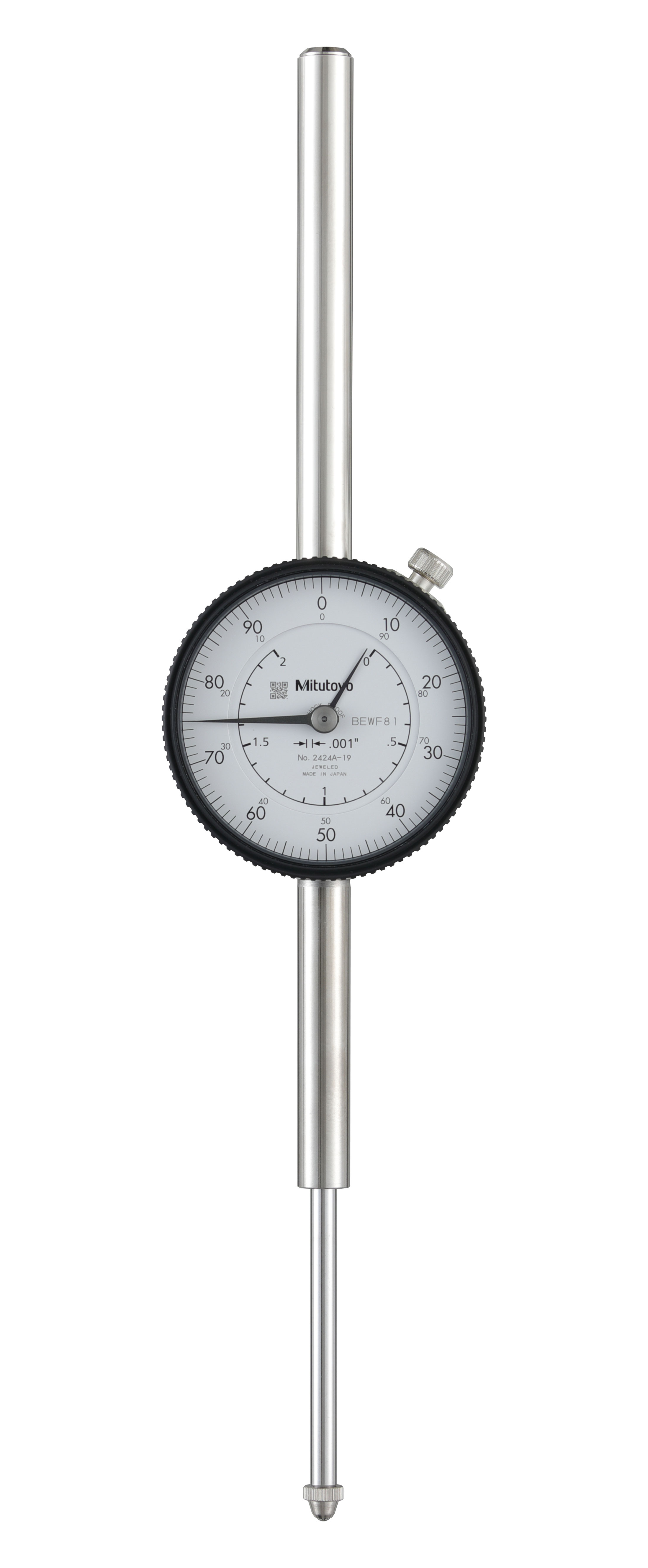 Mitutoyo, 2424A-19, .001 In, 2 In/(1 In per rev), Dial Indicator, 0-100, Lug Back, 3/8 In stem, Series 2, Shockproof, Jeweled