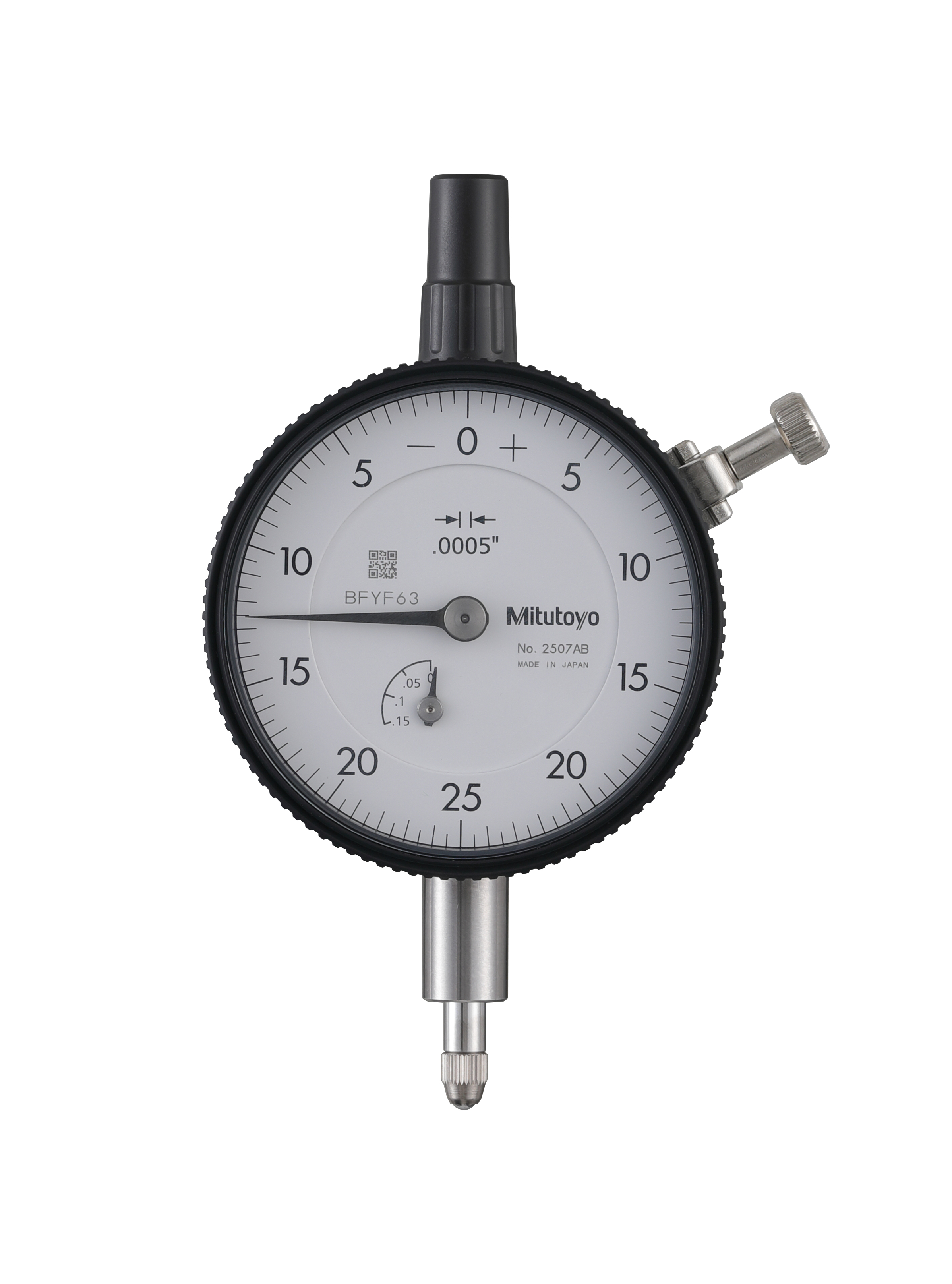 Mitutoyo, 2507AB, .0005 In, .125 In/(.05 In per rev), Dial Indicator, 0-25-0, Flat Back, 3/8 In stem, Series 2