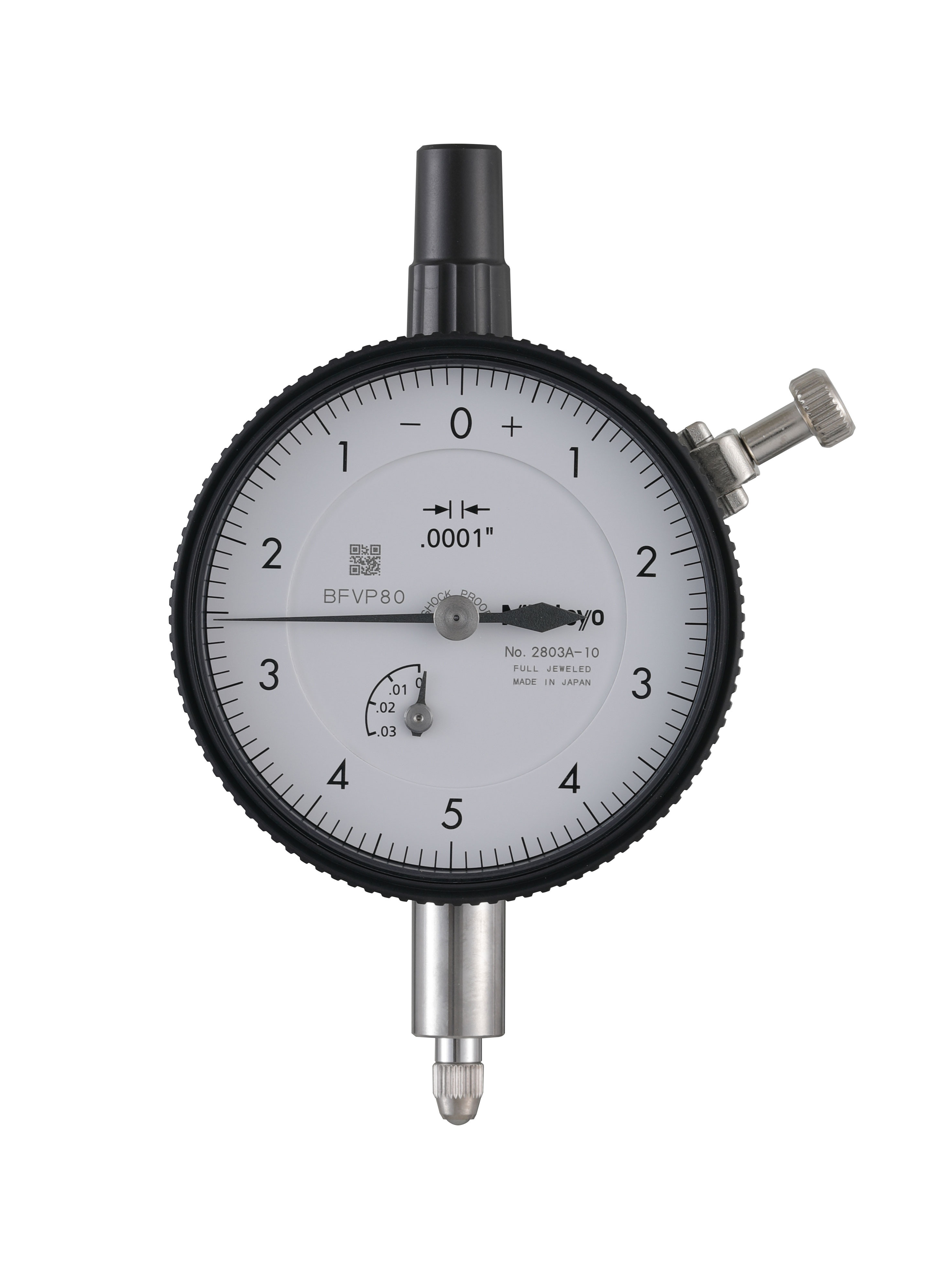 Mitutoyo, 2803A-10, .0001 In, .025 In/(.01 In per rev), Dial Indicator, 0-5-0, Lug Back, 3/8 In stem, Series 2, Shockproof, Jeweled