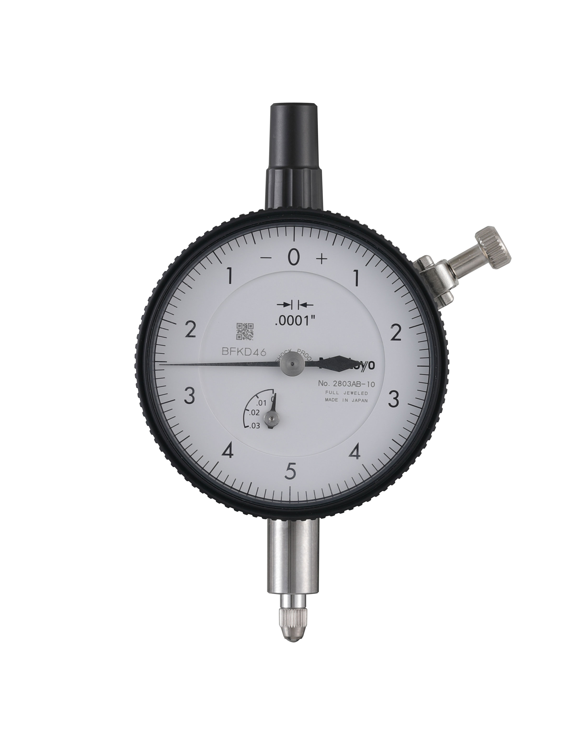 Mitutoyo, 2803AB-10, .0001 In, .025 In/(.01 In per rev), Dial Indicator, 0-5-0, Flat Back, 3/8 In stem, Series 2, Shockproof, Jeweled