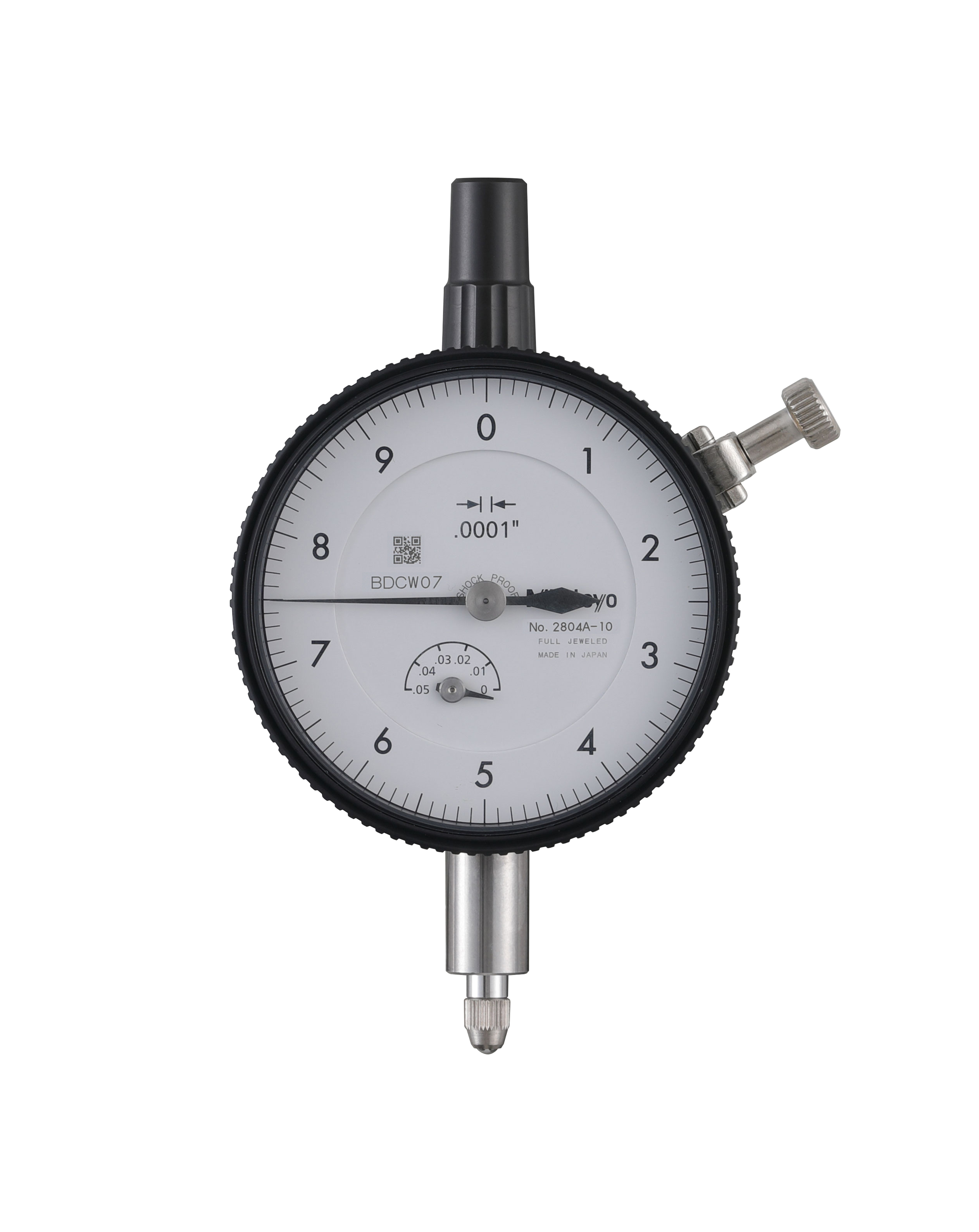 Mitutoyo, 2804A-10, .0001 In, .05 In/(.01 In per rev), Dial Indicator, 0-10, Lug Back, 3/8 In stem, Series 2, Shockproof, Jeweled