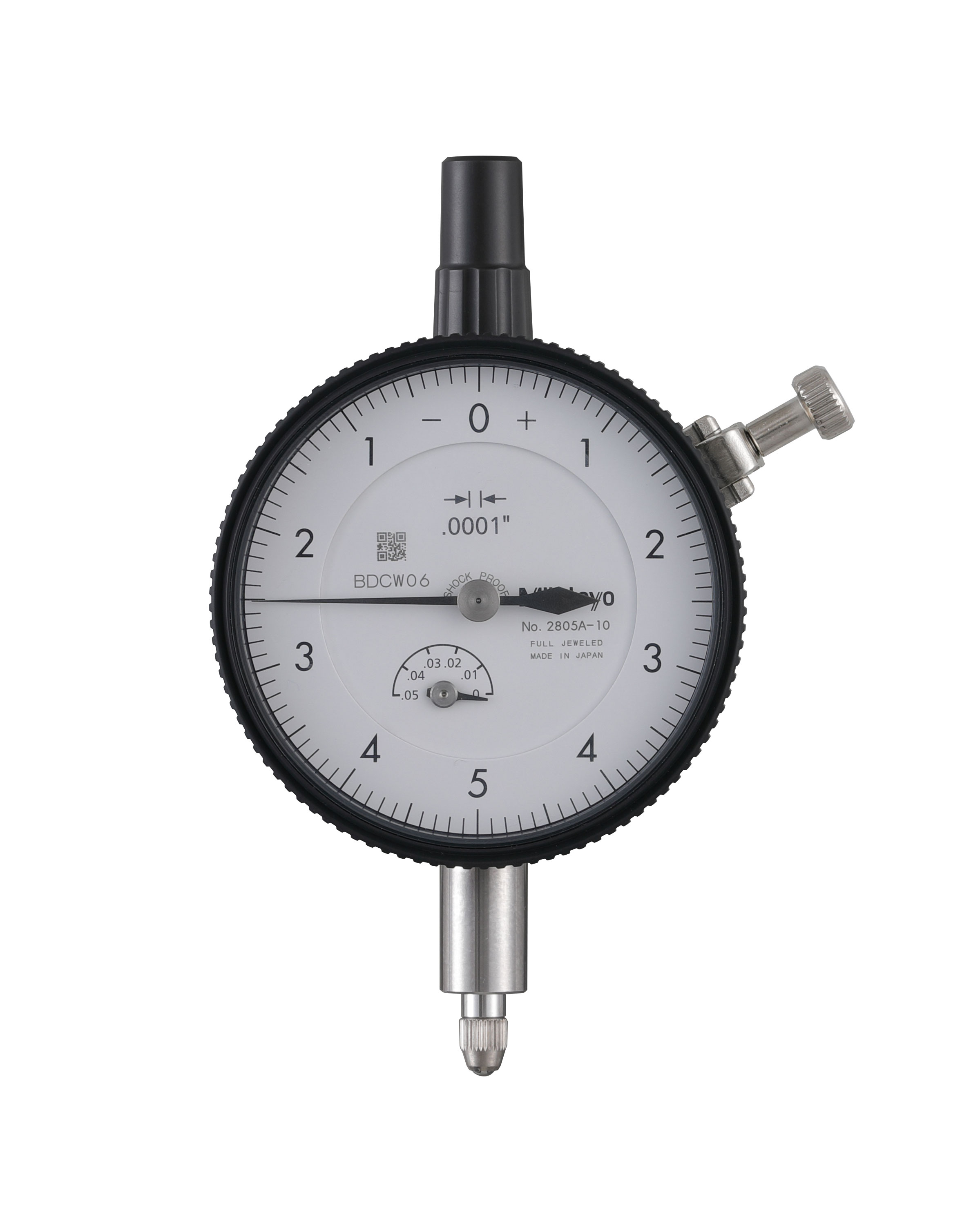 Mitutoyo, 2805A-10, .0001 In, .05 In/(.01 In per rev), Dial Indicator, 0-5-0, Lug Back, 3/8 In stem, Series 2, Shockproof, Jeweled