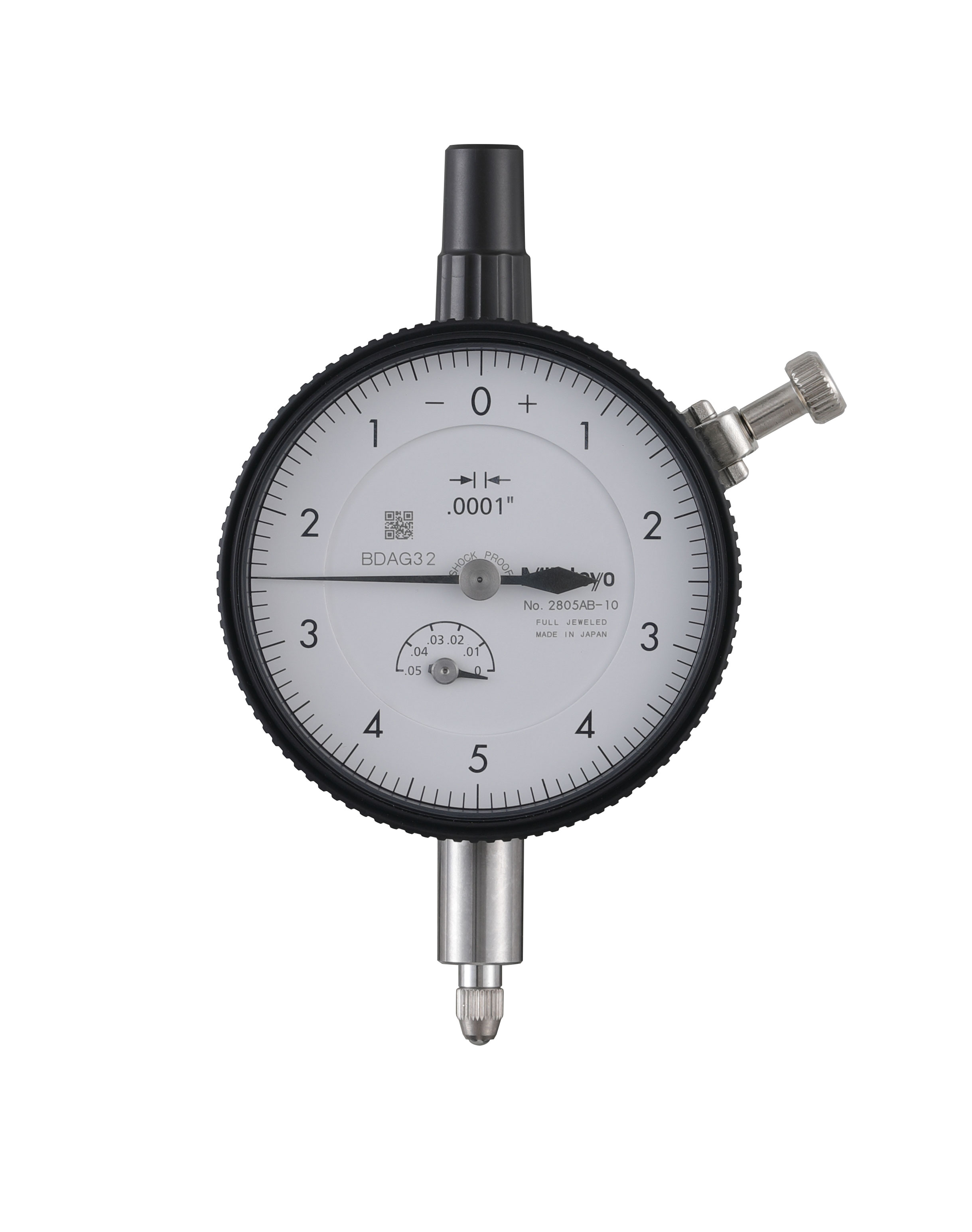 Mitutoyo, 2805AB-10, .0001 In, .05 In/(.01 In per rev), Dial Indicator, 0-5-0, Flat Back, 3/8 In stem, Series 2, Shockproof, Jeweled
