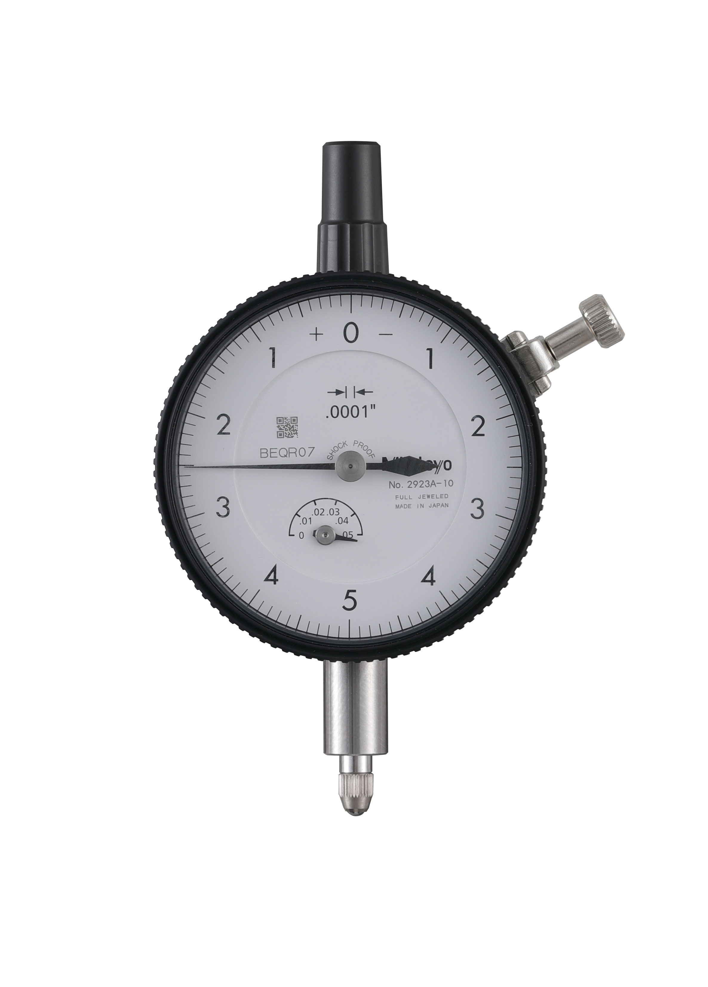 Mitutoyo, 2923A-10, .0001 In,  .05 In/(.01 per rev) Dial Indicator, 0-5-0, Lug Back, Series 2, 3/8 In stem, Jeweled, Reverse Read