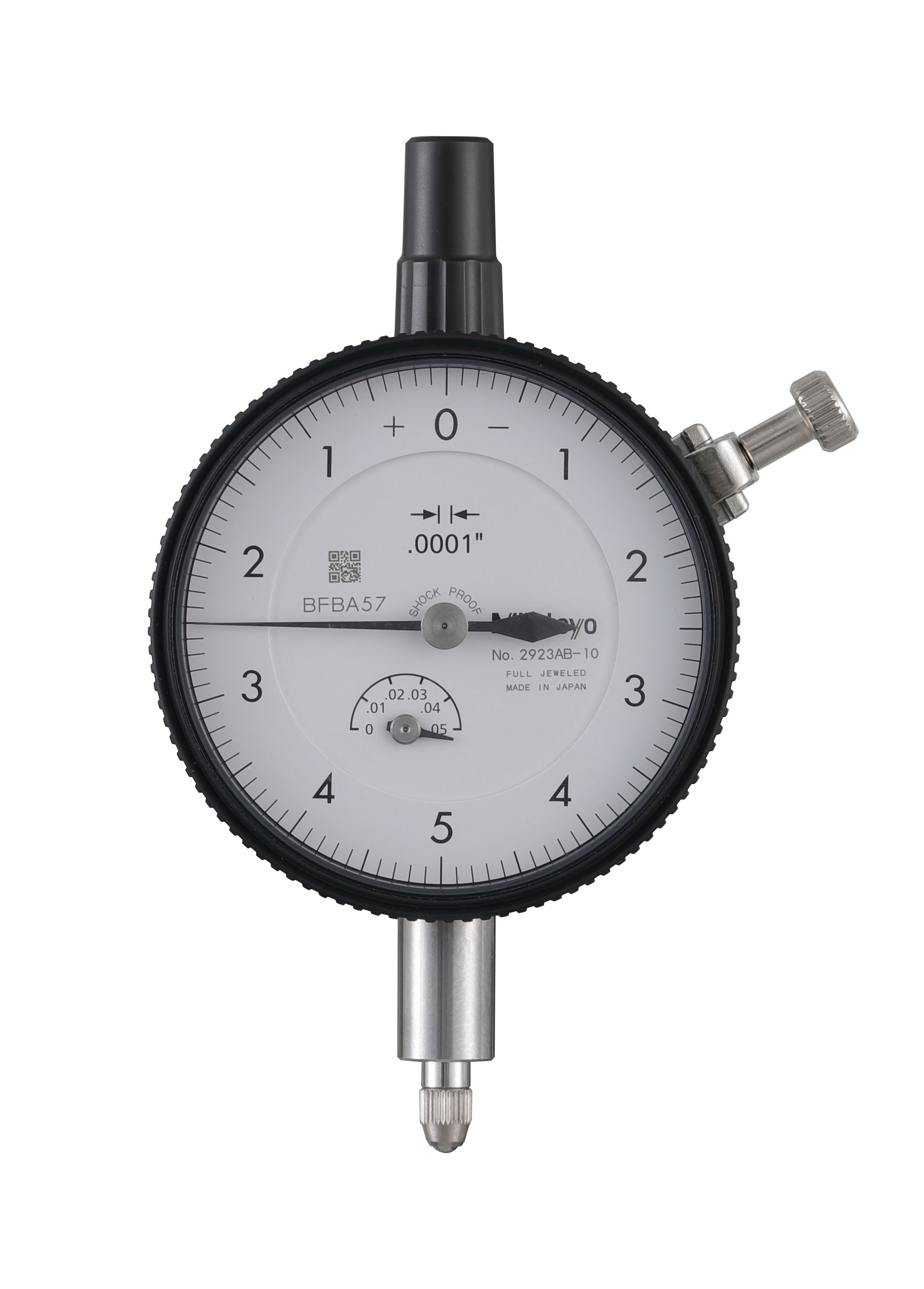 Mitutoyo, 2923AB-10, .0001 In,  .05 In/(.01 per rev) Dial Indicator, 0-5-0, Flat Back, Series 2, 3/8 In stem, Jeweled, Reverse Read