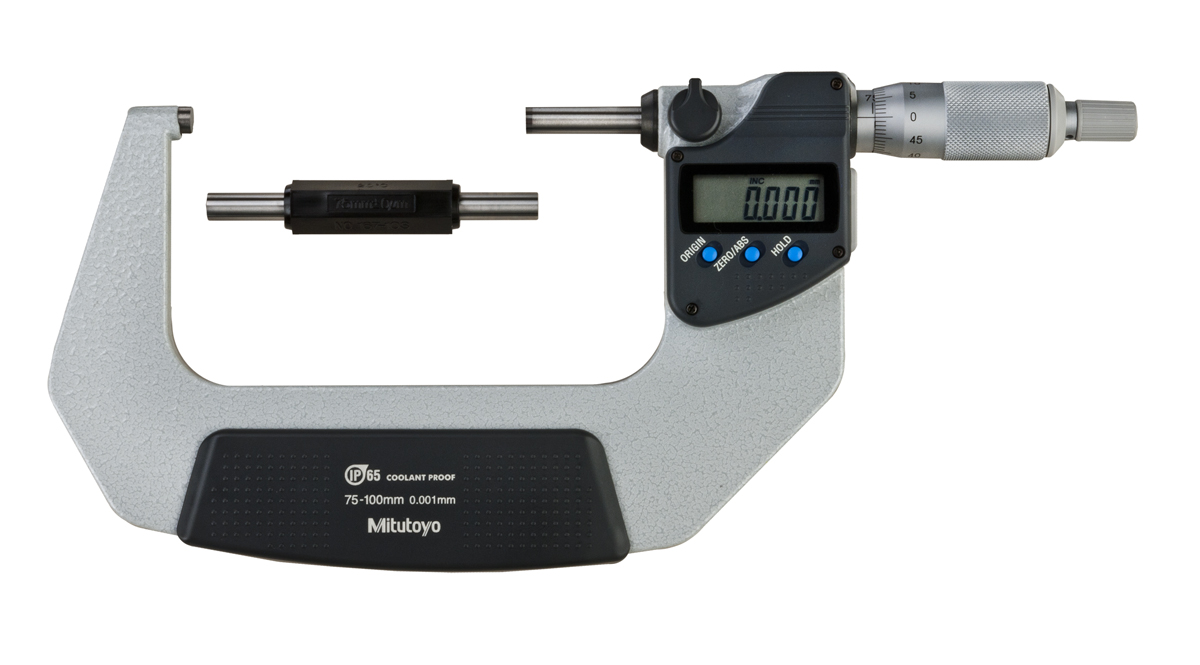 Mitutoyo, 293-233-30, 75-100mm, .001mm, IP65 Digimatic Outside Micrometer, With SPC Data Output, Ratchet Stop, With Standard