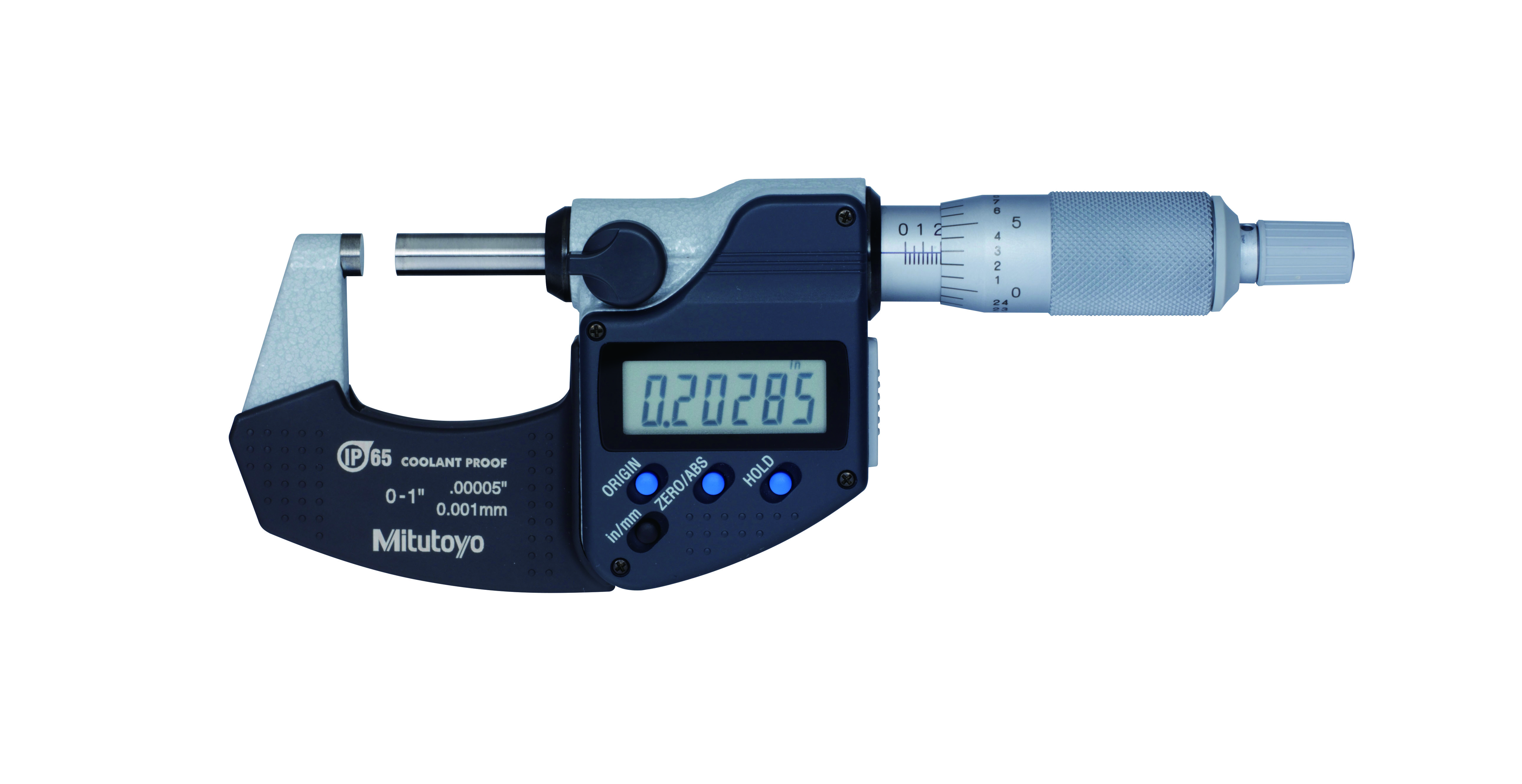 Mitutoyo, 293-330-30, 0-1 In/0-25.4mm, .00005 In/0.001mm IP65 Digimatic Outside Micrometer, With SPC Data Output, Ratchet Stop